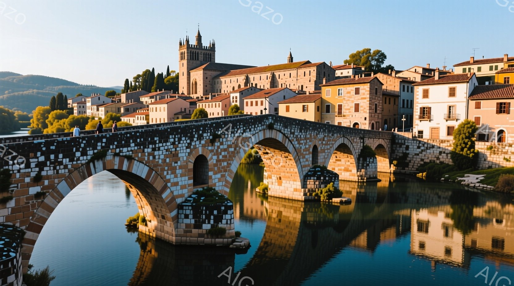 中世の石造りの橋が澄んだ川に映り込み、その背後には赤瓦屋根の建物が密集して並んでいる。遠景には緑豊かな丘が広がり、晴れた空の下、穏やかで歴史的な雰囲気を醸し出している。橋の上には一人の人物が歩いており - AI生成フリー素材
