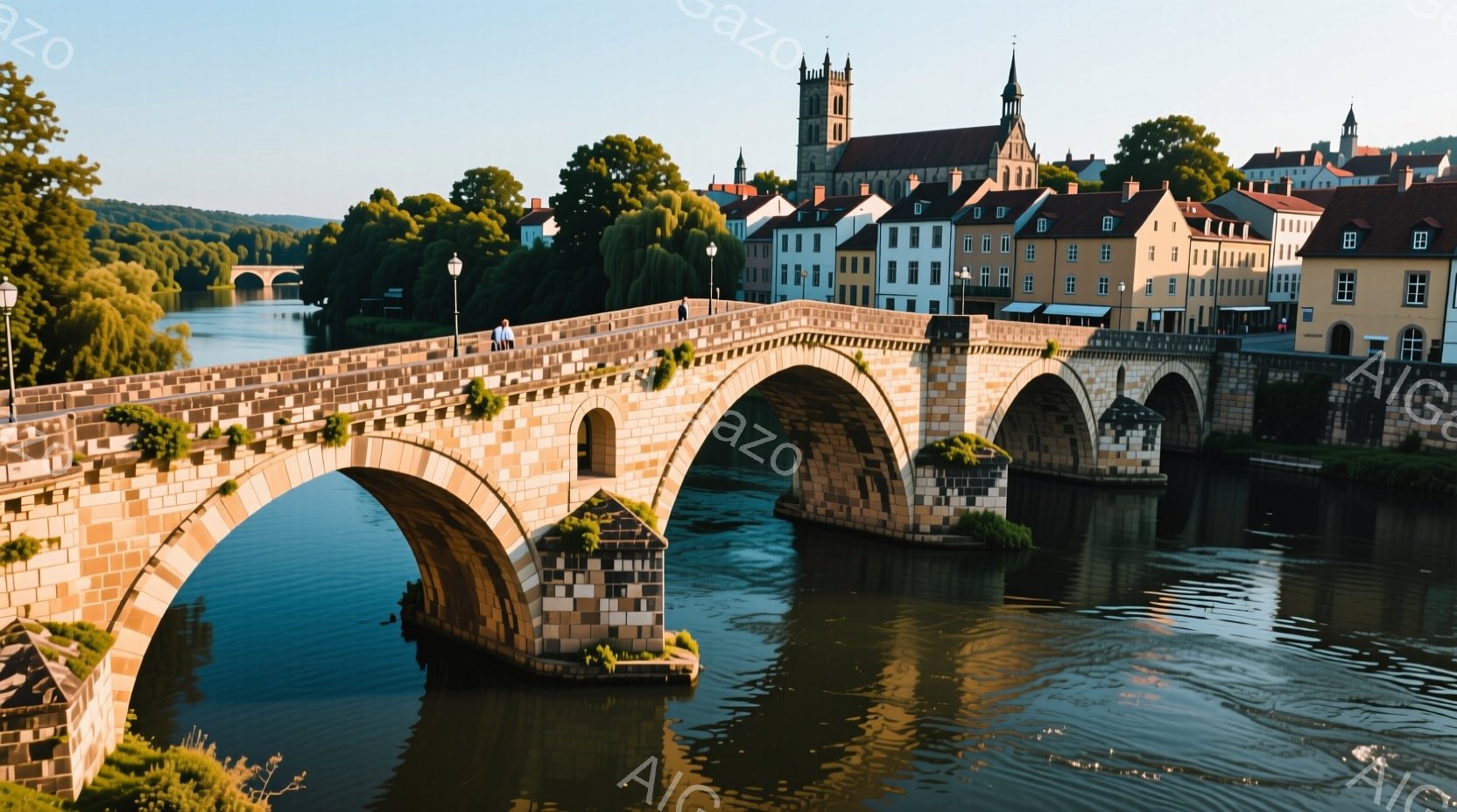 古い石造りのアーチ橋が、穏やかな川の上に優雅に架かっている。橋の上には数人の人々が歩いており、そのうちの一人は白いシャツとズボンを着用し、ゆったりとした姿勢で景色を眺めている。背景には、赤茶色の屋根が連なる趣のある建物と、緑豊かな木々が生い茂る丘が見え、晴れた空の下、静かで穏やかな雰囲気が漂っている。