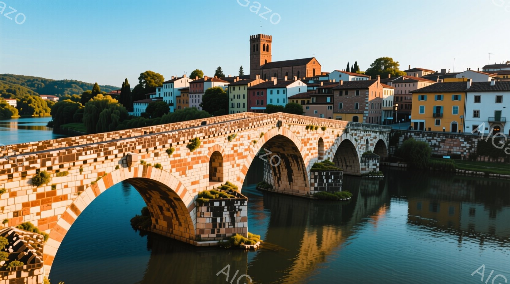 石造りの美しいアーチ橋が、穏やかな水面に映り込んでいます。背景には、赤やオレンジ色の屋根が連なる可愛らしい建物と、そびえ立つ鐘楼が見え、緑豊かな丘が広がっています。全体的に穏やかで、歴史と自然が調和した、平和な雰囲気が漂っています。