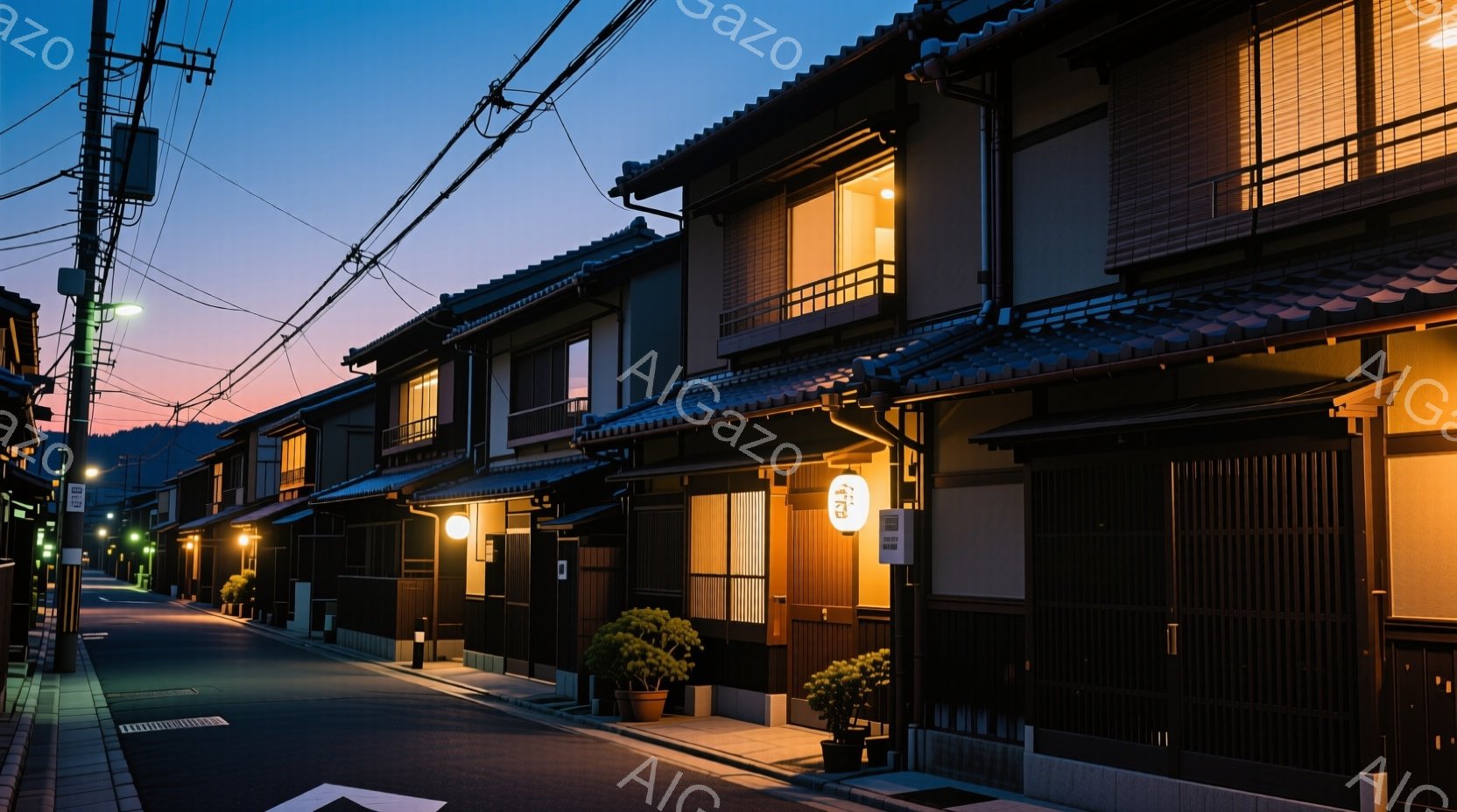 夕暮れ時の日本の古い町並みを捉えています。両側に木造の伝統的な家々が並び、路地にはオレンジ色の暖かい光が灯っています。遠くには緑の丘が見え、空は徐々に暗くなり、静かで穏やかな雰囲気を醸し出しています。