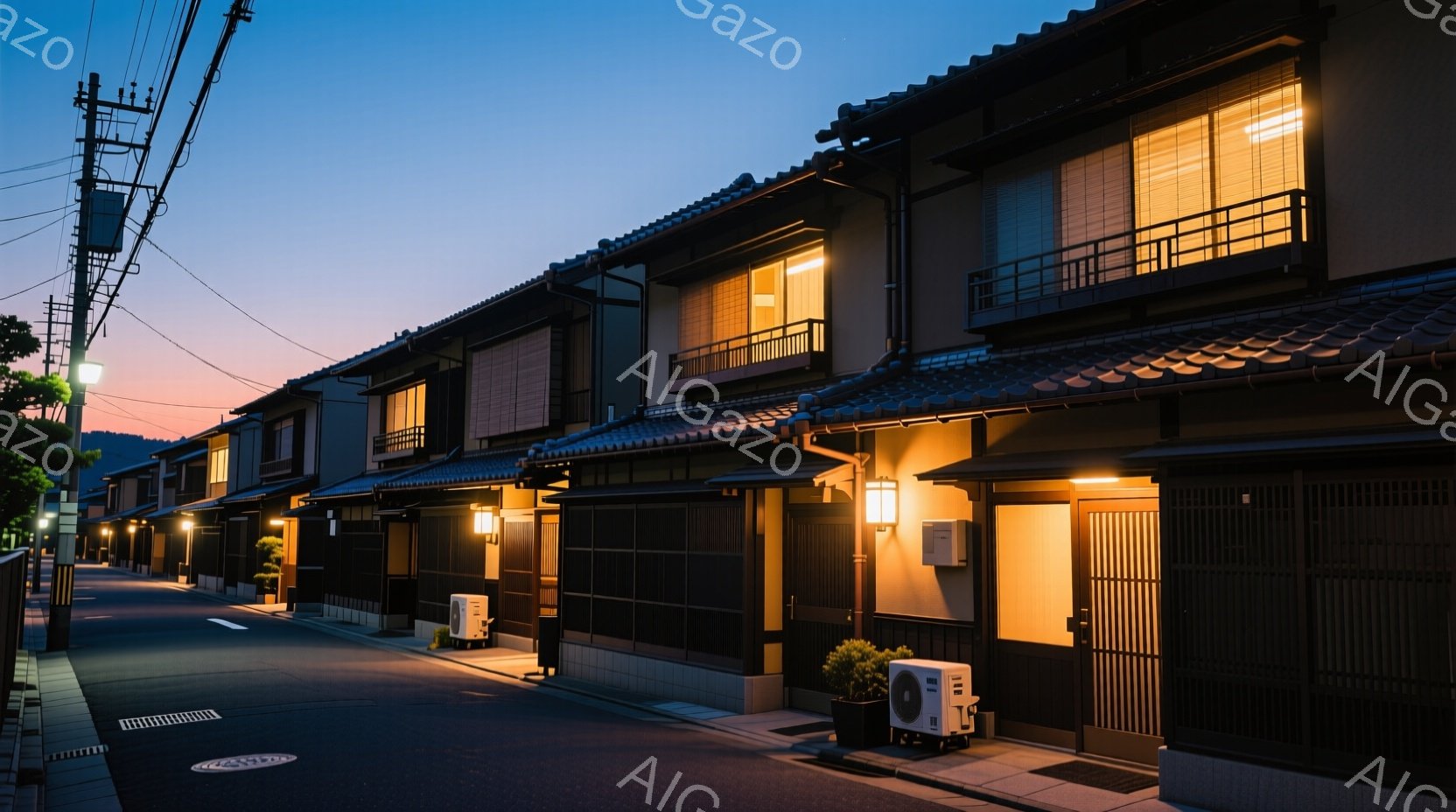 石畳の道に沿って古い町並みが連なっており、木造の家々は暗い色調で統一感がある。各家の窓からは暖色の光が漏れ出し、夕暮れ時の静寂と落ち着いた雰囲気を醸し出している。空は薄いオレンジ色から濃い青色へとグラデーションを描き、路地裏に独特の陰影を生み出している。