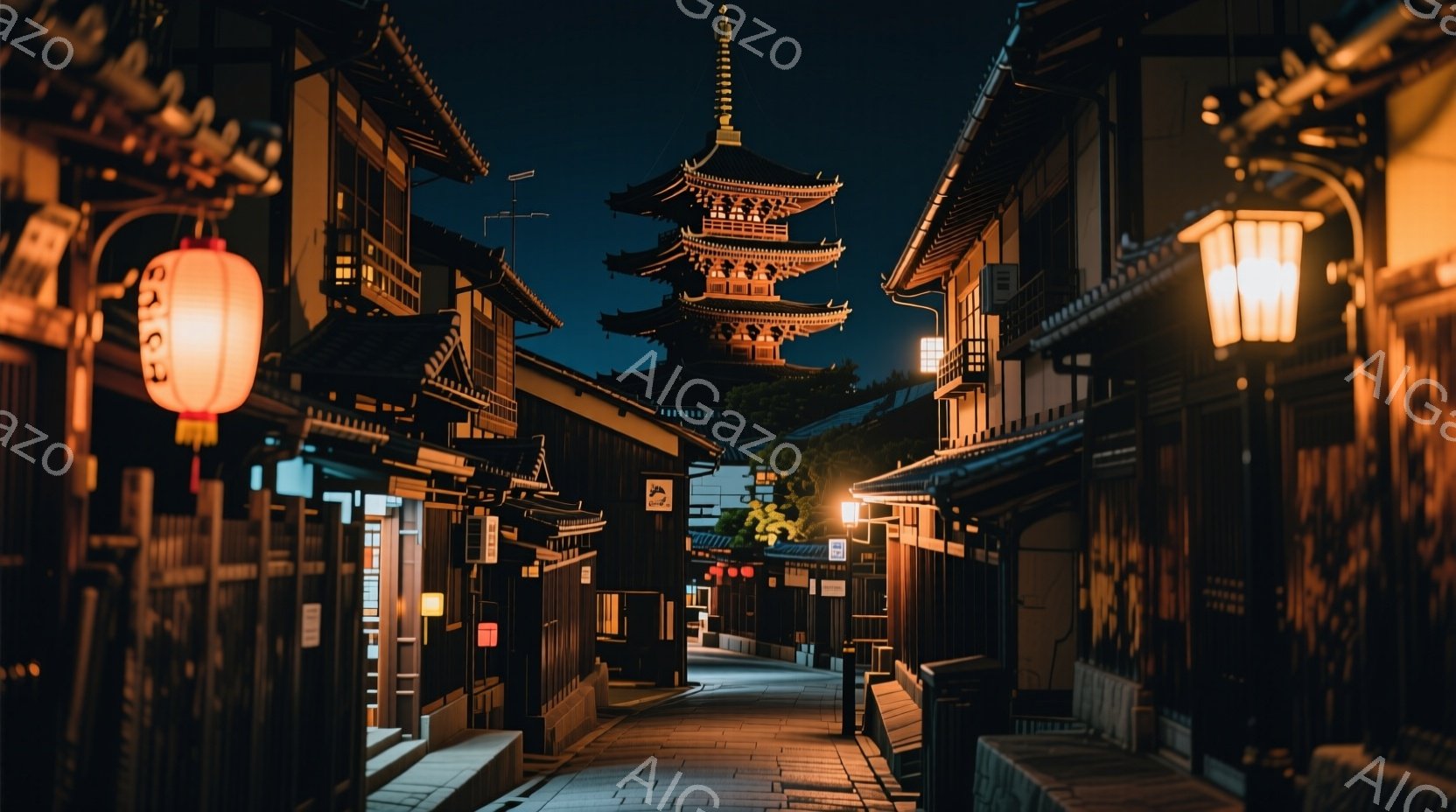 石畳の道が両側に古い木造家屋が並び、遠くには京都の塔がそびえ立っています。暖色の提灯や街灯が道を照らし、夜の静寂と歴史的な雰囲気を醸し出しています。家屋の窓からはぼんやりと光が漏れ、静かで落ち着いた夜 - AI生成フリー素材