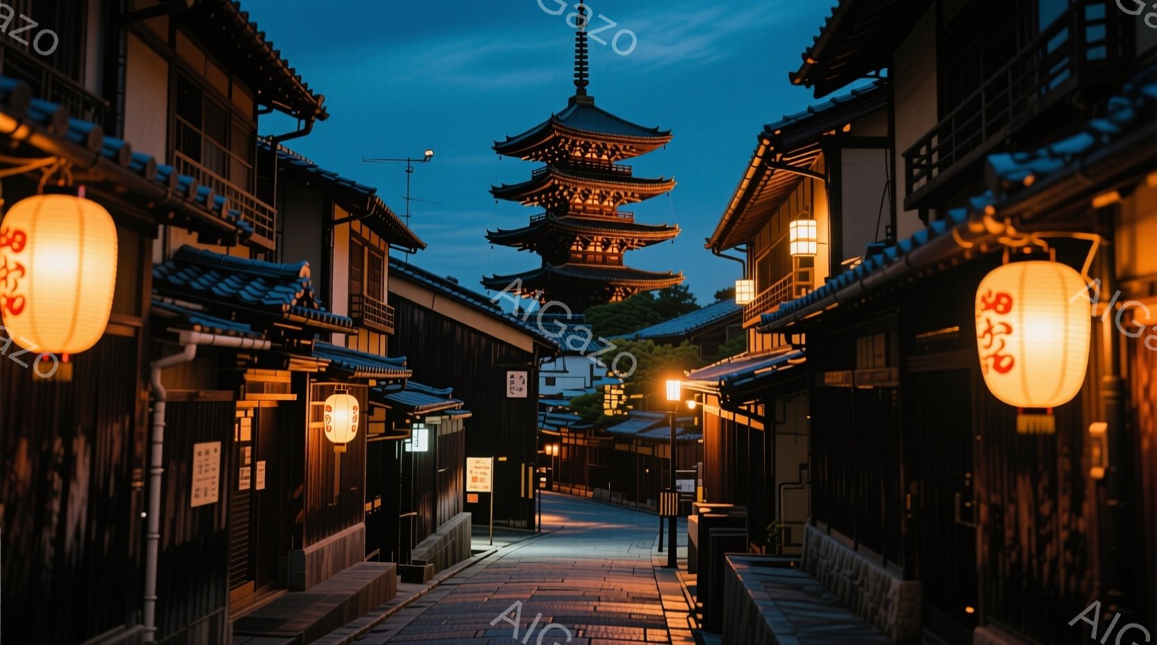 古都の夕暮れ時、石畳の道が遠くまで続いており、両脇には木造の家々が立ち並んでいる。暖色の灯籠が石畳を照らし、奥には伝統的な多重塔がそびえ立ち、静寂で趣のある雰囲気を醸し出している。空は夕焼けの名残で薄 - AI生成フリー素材
