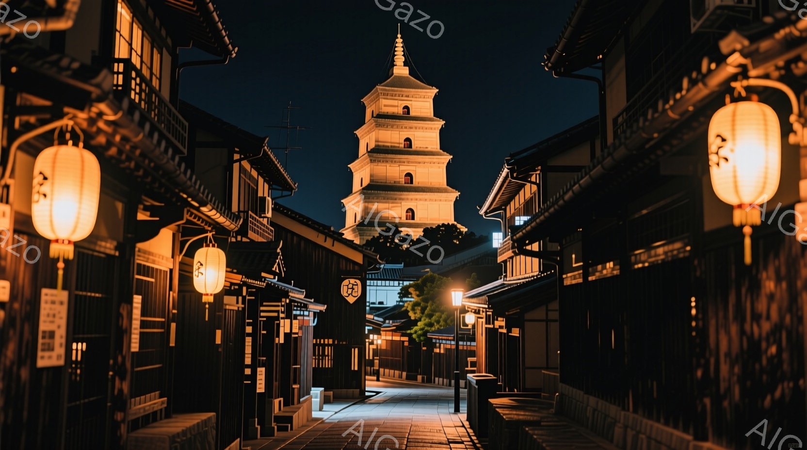 暗闇の中、古い木造建築が両側に立ち並ぶ石畳の道が、遠くに見える塔へと続いている。提灯の温かい光が道に沿って配置され、歴史的な街並みを照らし出している。夜空は暗く、静寂な雰囲気で、伝統的な日本の風景が目 - AI生成フリー素材