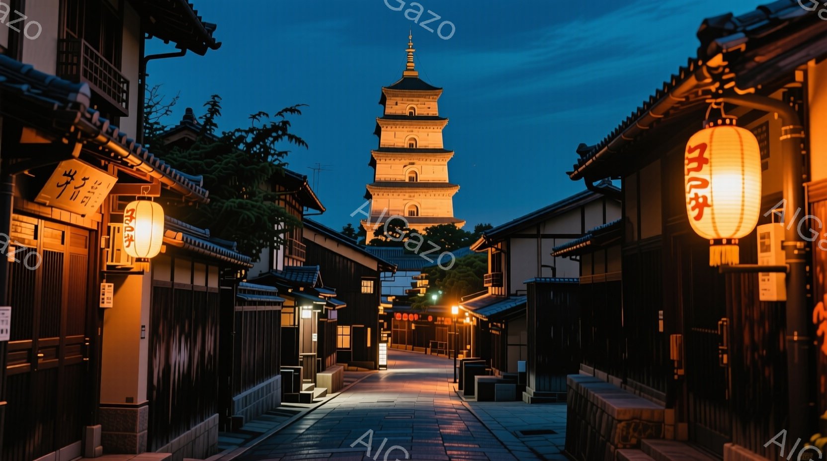 狭い石畳の道が続く町並みの中に、美しい五重塔がそびえ立っている。夕暮れ時の空と、提灯の温かい光が、古都の趣を一層引き立てている。木造の建物が両側に並び、静かで落ち着いた雰囲気を醸し出している。 - AI生成フリー素材