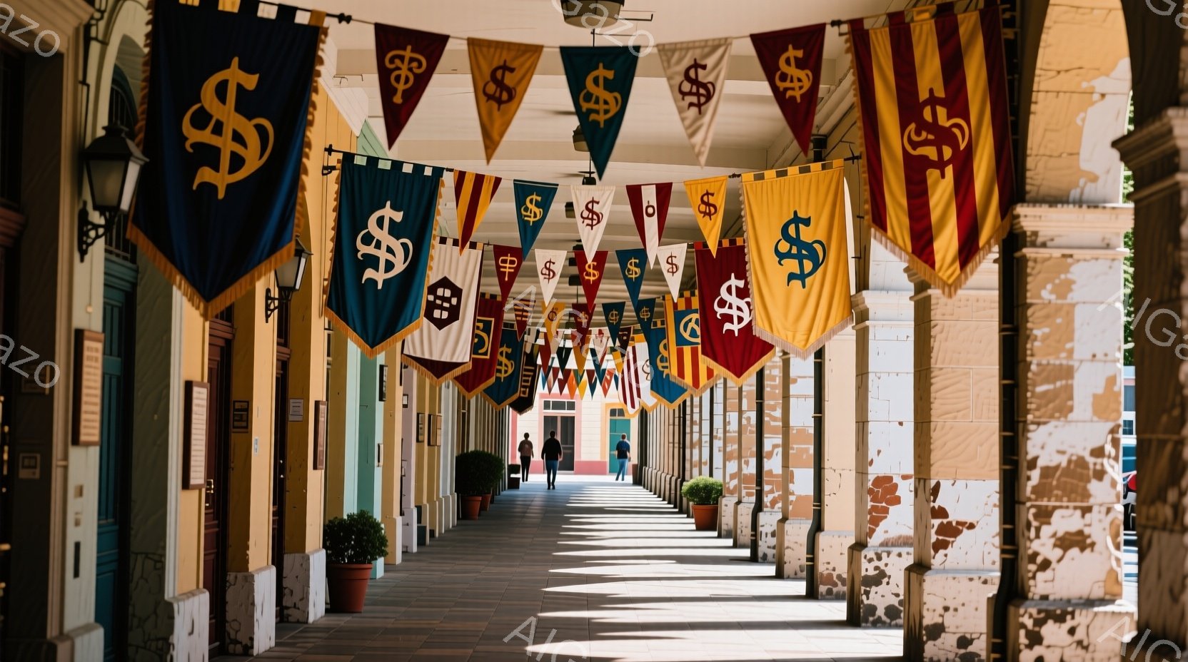 白い柱が等間隔に並ぶ回廊を、2人の人物が歩いている。カラフルな旗が回廊の上空を飾り、壁はパステルカラーで塗られており、テラコッタの鉢植えが並んでいる。日差しが差し込み、静かで穏やかな雰囲気であり、歴史的な建造物のような趣がある。