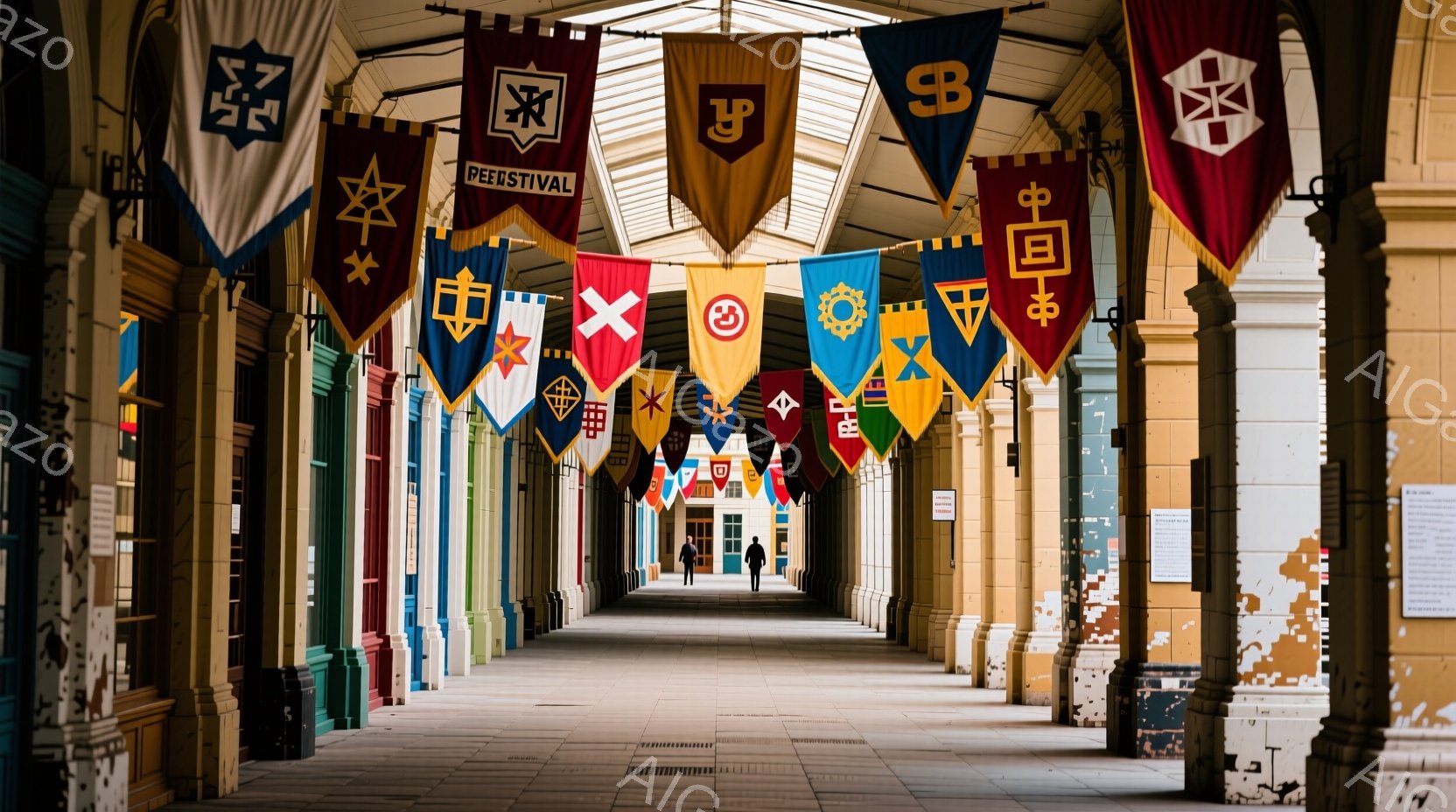 長いアーチ状の回廊が写真の中央に伸びており、色とりどりの旗が天井から吊り下げられています。遠くに一人の人物が歩いているのが見え、回廊の柱はクラシックなデザインで、建物の壁は白と緑のストライプ模様です。全体的に、歴史的な雰囲気と、祝祭的な雰囲気の両方が感じられる、静かで趣のある光景です。