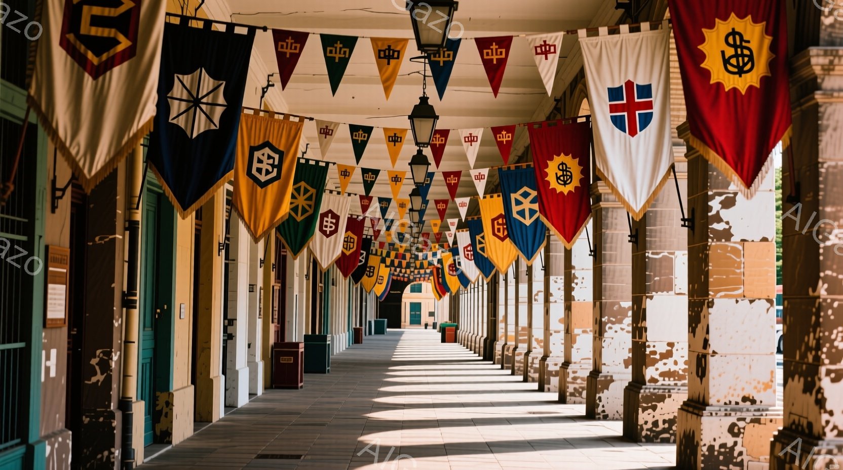 柱が並ぶ廊下に、色とりどりの旗が飾られています。光が差し込み、床に影が落ち、静かで歴史的な雰囲気が漂っています。建物は古く、一部剥がれかけている塗装が、時の流れを感じさせます。 - AI生成フリー素材