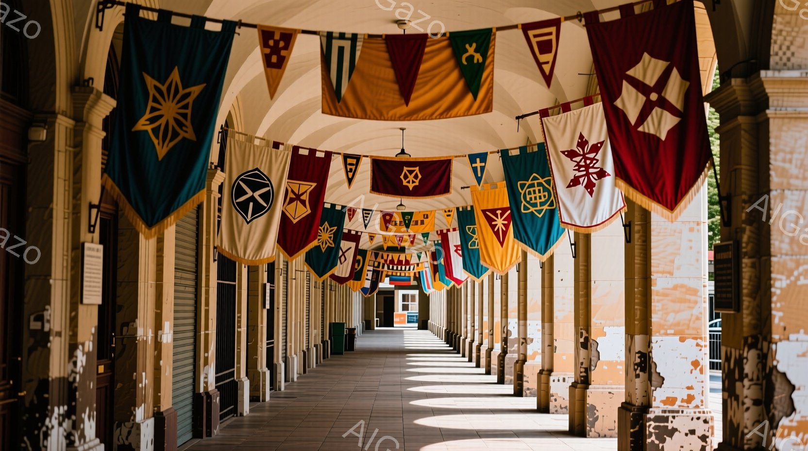 石柱が連なる回廊の天井から、様々な紋章が描かれた旗が吊り下げられています。石柱の影が床に規則的に落ち、強い日差しが差し込むことで、歴史を感じさせる荘厳な雰囲気が漂っています。回廊の奥には建物が見え、回廊がその建物へと繋がっていることがわかります。