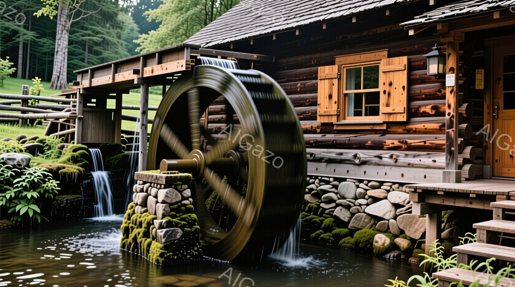 鮮やかな緑に囲まれた丸太小屋のそばを、水車が穏やかに回っている。苔むした石造りの壁と水流が、静かで牧歌的な雰囲気を醸し出しており、丸太小屋は温かい光を放っている。背景には緑豊かな木々が生い茂り、水面には穏やかな波紋が広がっている。