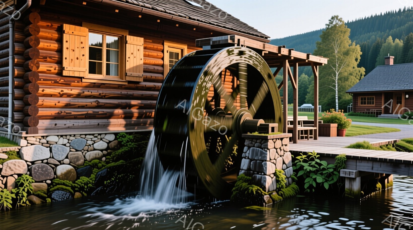 ログハウスの隣に、水車が設置された小川が流れています。水車は古風な木製で、水が流れ落ちる様子が捉えられています。背景には緑豊かな草地と、遠くには木々が生い茂った山々が広がり、穏やかで牧歌的な雰囲気を醸し出しています。