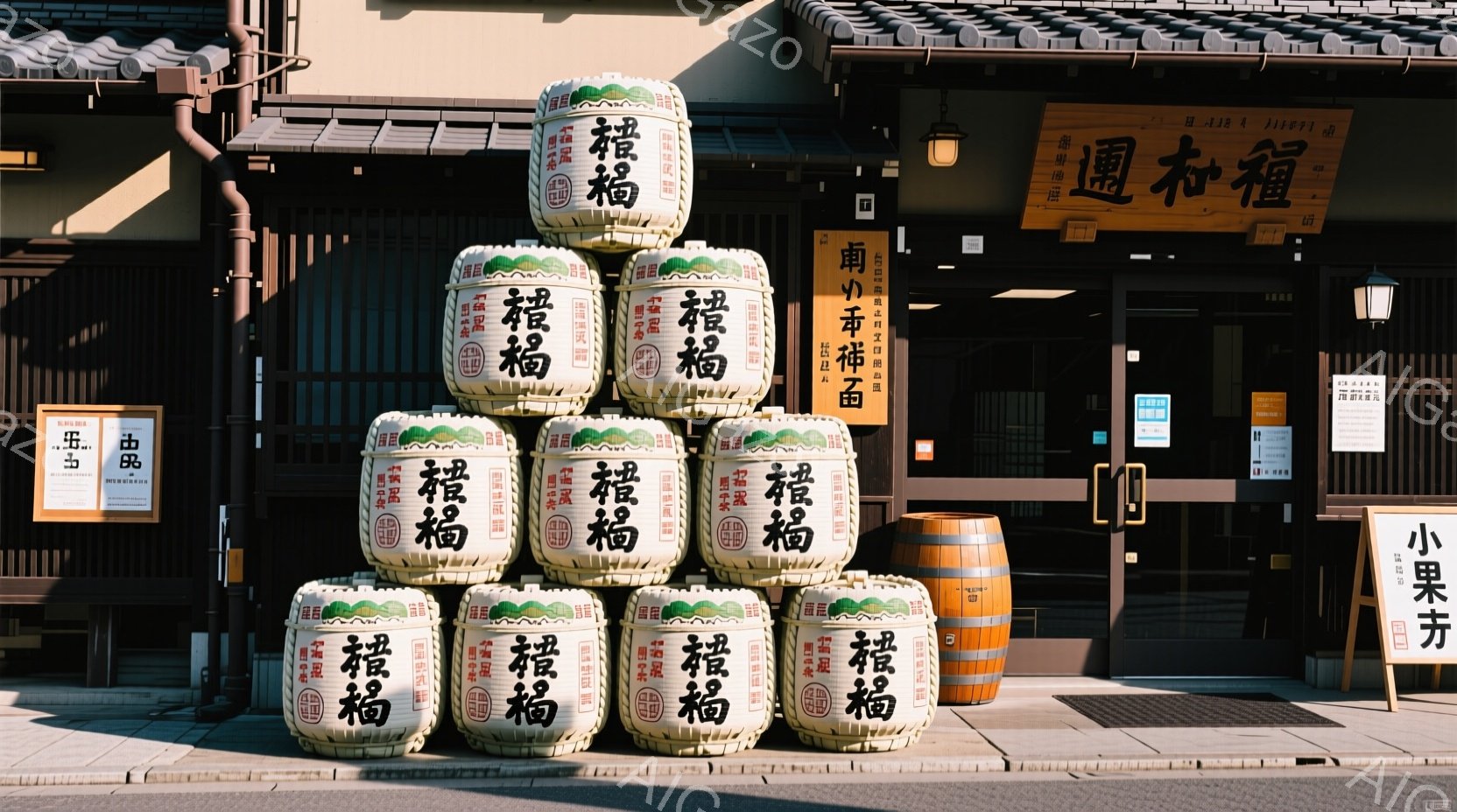 古い町並みを背景に積み上げられた酒樽が写っている。酒樽には「福鶴」という文字が描かれており、周囲は石畳で、日本の伝統的な雰囲気が漂っている。建物の看板や構造から、ここは日本酒を醸造・販売する酒蔵の入り口付近であると推測できる。