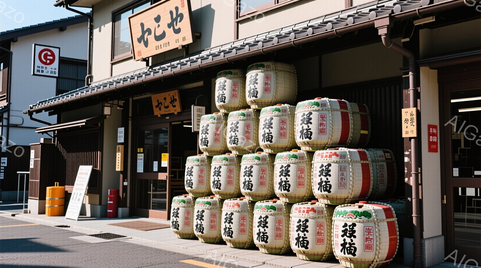 酒蔵の前に積み上げられた多くの木製の酒樽が写っています。樽には「発酵」という文字が書かれており、伝統的な日本の酒造りの様子を表しています。背景には、看板のある古い建物と、日当たりの良い晴れた空が広がっ - AI生成フリー素材