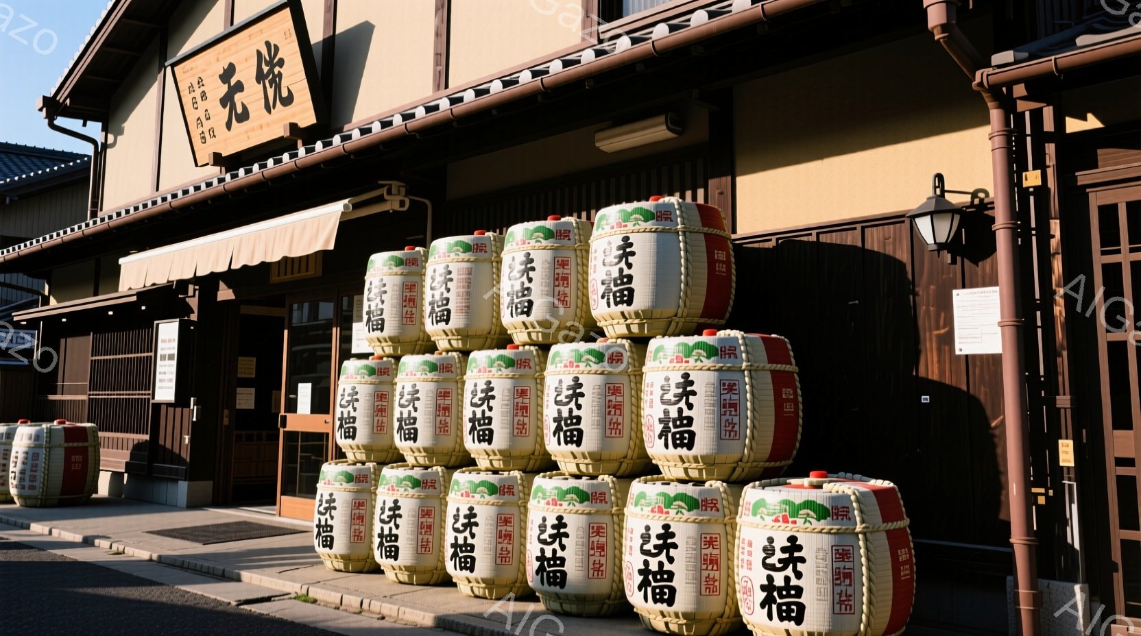 古い町並みに、多くの酒樽が積み上げられています。酒樽には「美酒」と書かれた札が貼られており、日本の伝統的な酒造りの風景を連想させます。建物は木造で、レトロな雰囲気があり、日差しが暖かく穏やかな情景です。