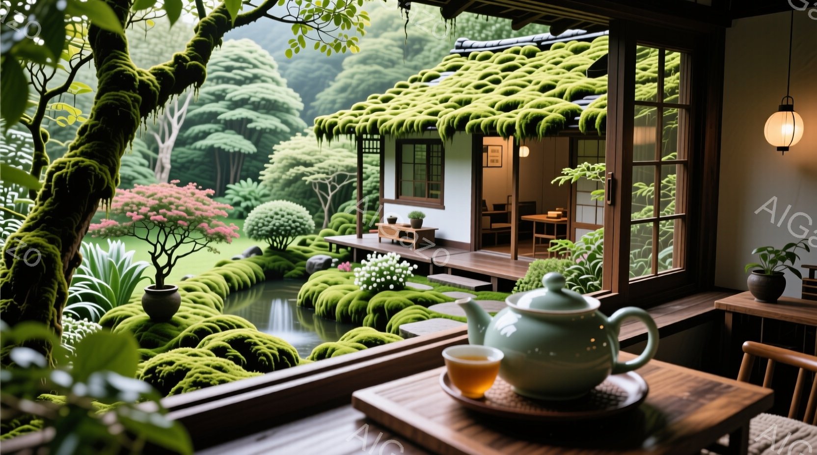 窓枠から見えるのは、緑豊かな日本庭園と、その奥に佇む趣のある茶室です。庭園には、手入れの行き届いた苔、池、そしてピンク色の花が咲く木々があり、穏やかで静謐な雰囲気を醸し出しています。室内には、木製のテーブルに茶器が置かれ、自然光が差し込み、落ち着いた空間を作り出しています。