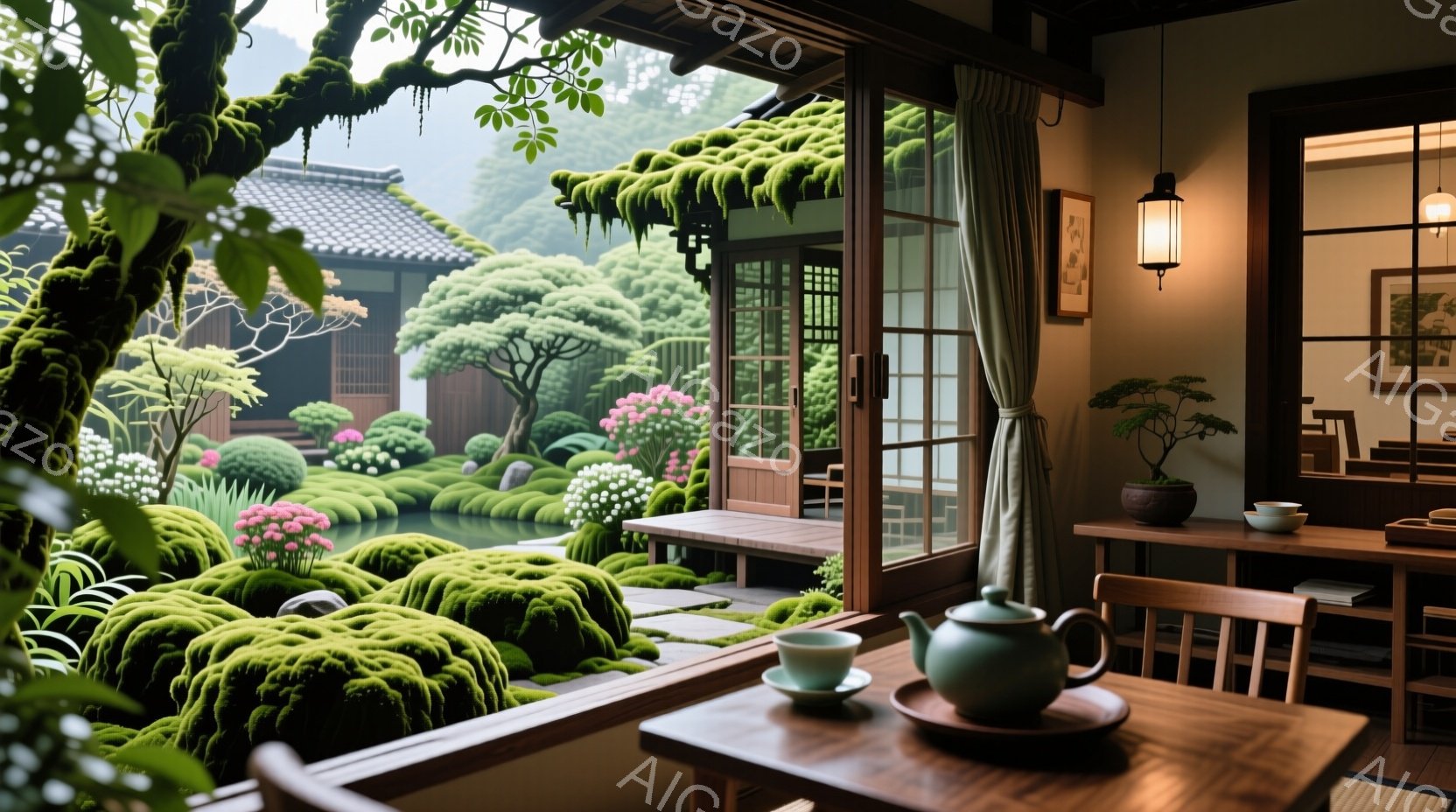 静かな庭園を望む、落ち着いた茶室の内部です。木製のテーブルの上には、緑色の湯呑と茶器が置かれ、静寂な時間を過ごすための準備が整っています。庭は緑豊かな苔と色とりどりの花で覆われ、穏やかで平和な雰囲気を醸し出しています。
