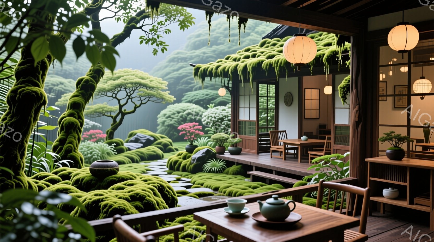 苔むした庭園に面した伝統的な木造の茶室が描かれています。室内には木製のテーブルと椅子が配置され、茶器が置かれたテーブルがいくつかあります。背景には緑豊かな木々が茂り、霧がかった天候で、静かで穏やかな雰囲気が漂っています。
