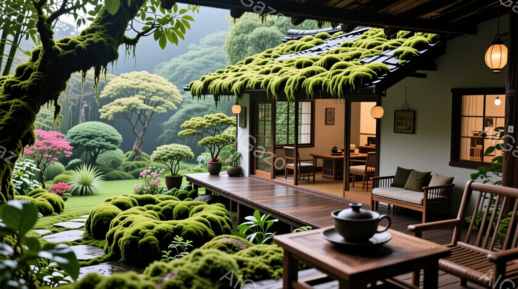 苔むした庭園に面した木造のベランダが描かれています。室内は畳敷きの広々とした空間で、木製のテーブルと椅子が配置され、落ち着いた雰囲気を醸し出しています。ベランダには緑豊かな植物が飾られ、暖色の照明が灯 - AI生成フリー素材