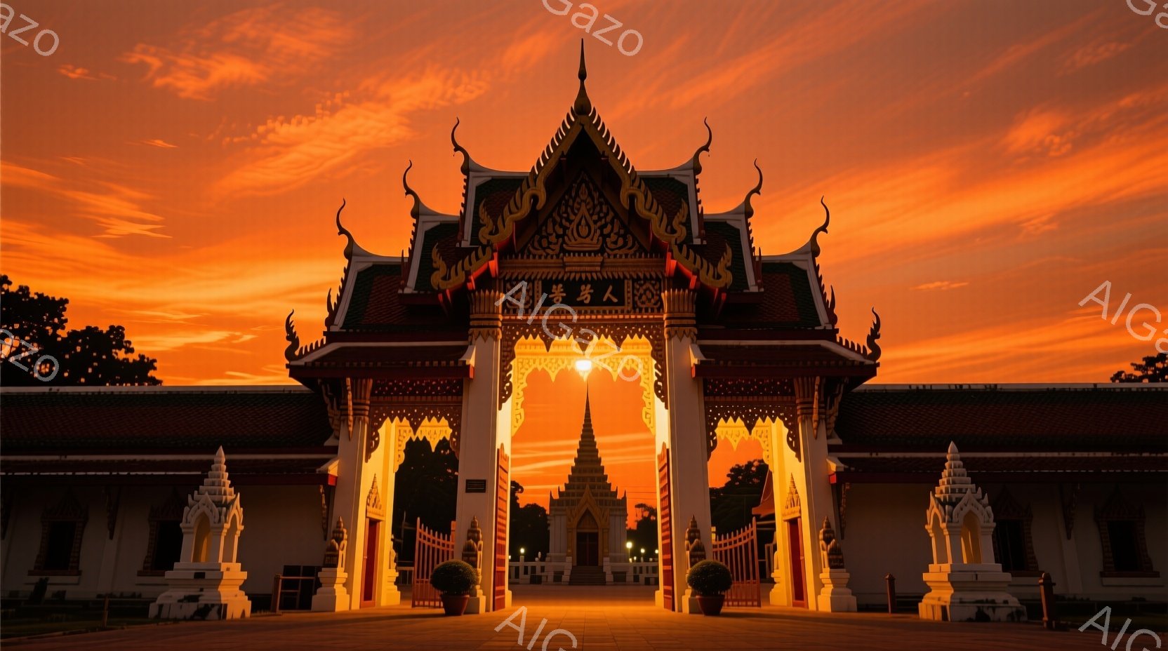 鮮やかな夕焼けを背景に、壮麗なタイ様式の門がそびえ立っている。門は複雑な装飾が施され、左右には白い像が配置されている。夕焼けの光が門と奥にある尖塔を照らし、神聖で荘厳な雰囲気を醸し出している。