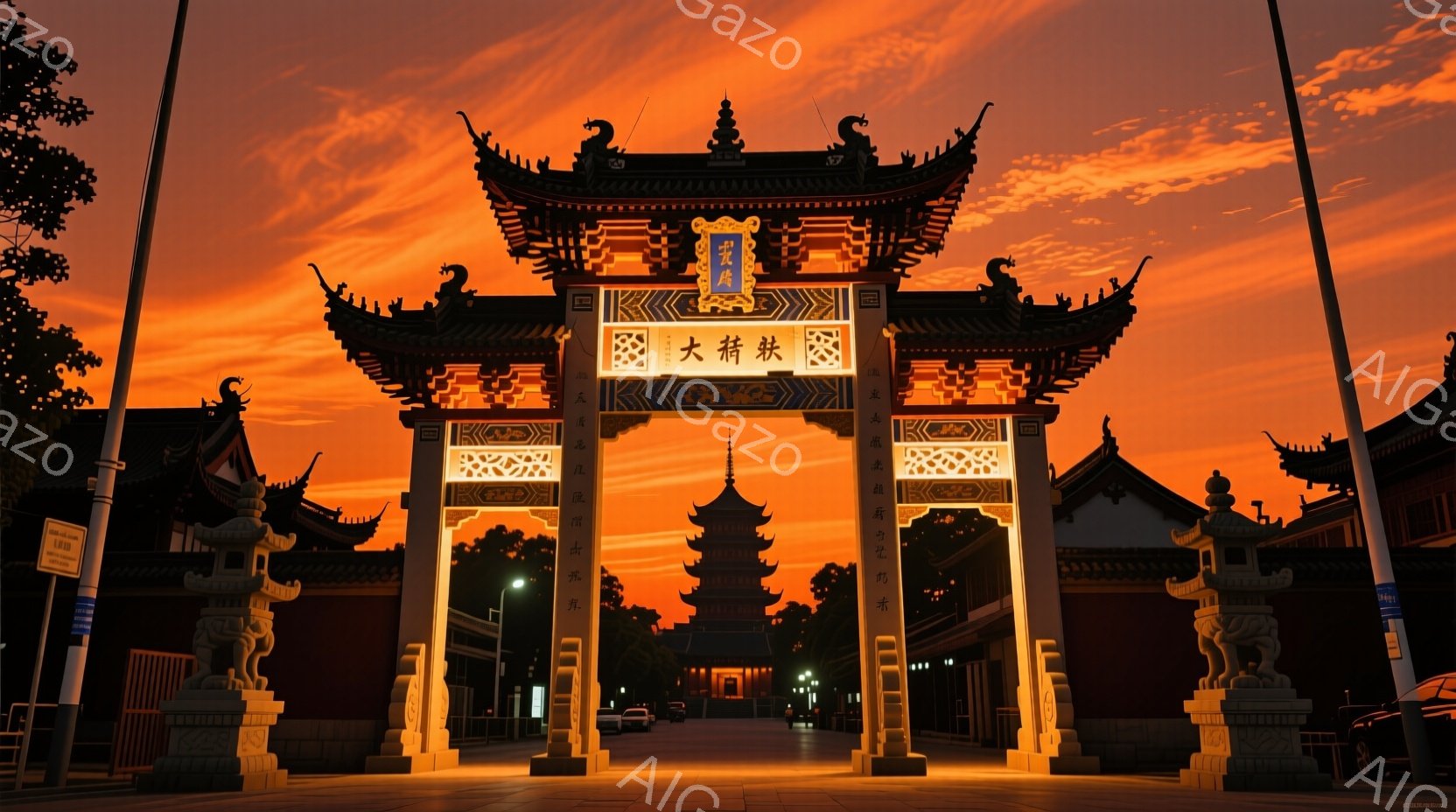 壮大な寺院の門が、夕焼け空の下にそびえ立っている。門は複雑な彫刻が施され、鮮やかなオレンジと赤の色合いで照らされている。背景には、寺院の建物と塔がぼんやりと見え、穏やかで荘厳な雰囲気を醸し出している。 - AI生成フリー素材