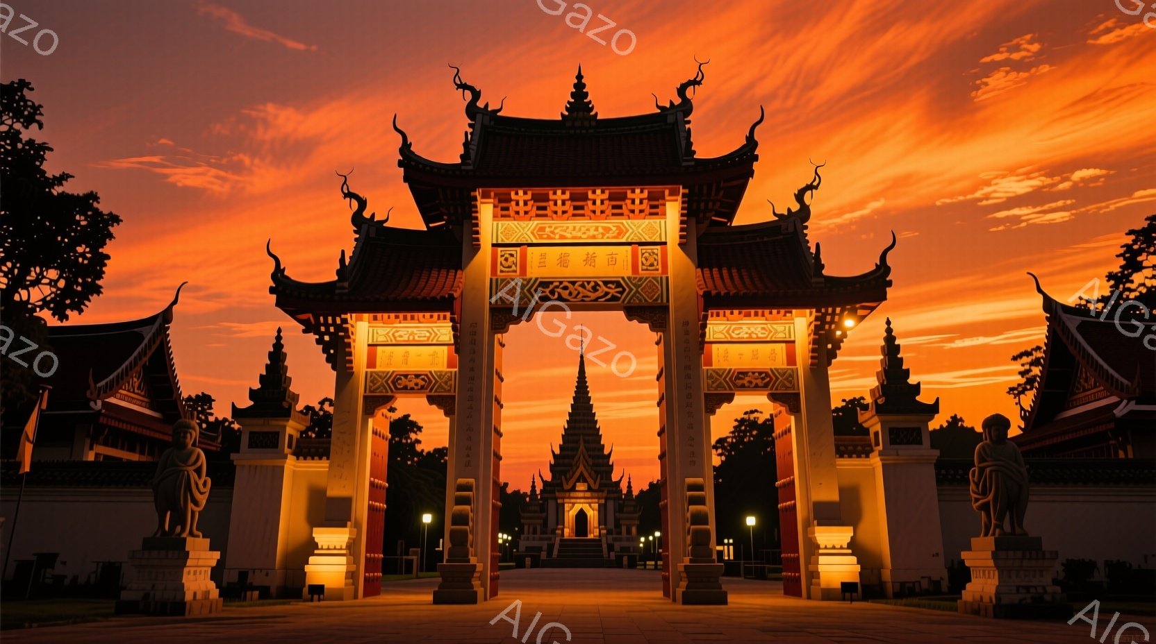 鮮やかな夕焼けを背景に、複雑な彫刻が施された門が荘厳に立っている。門の左右には、伝統的な衣装を身につけた人物像が静かに佇み、荘厳な雰囲気を醸し出している。門の奥には、黄金色の尖塔が夕日に照らされ、その背後には緑豊かな木々が広がっている。