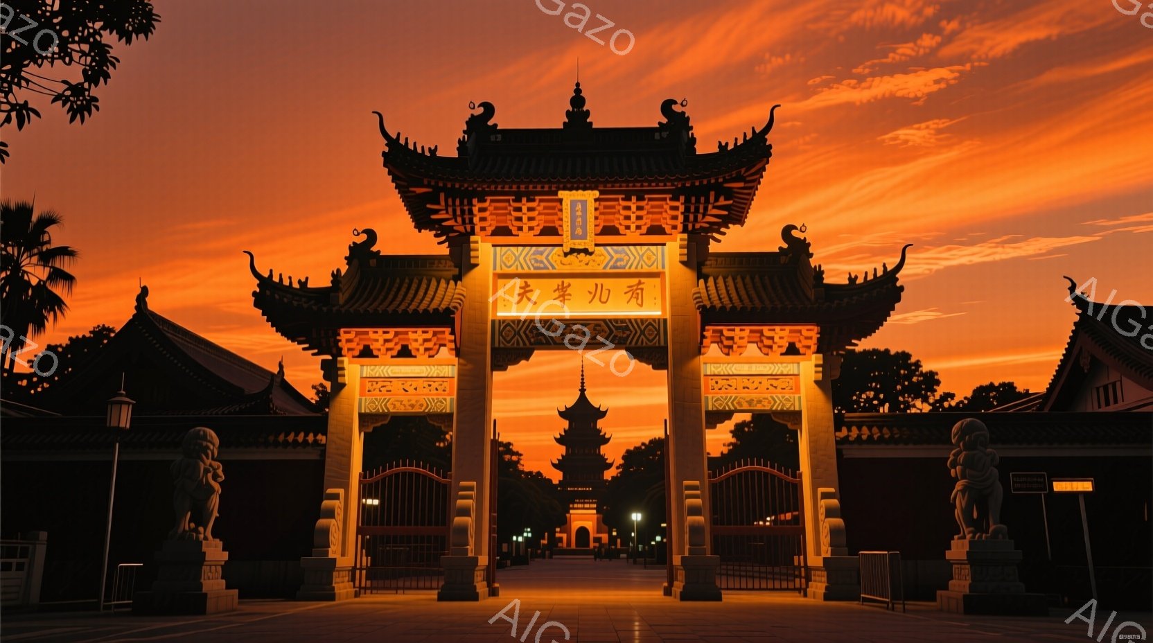 広大な門が、夕焼けに照らされたテーマパークの入り口に立っている。門には漢字が書かれ、背景には中国風の塔や建物が並び、夕焼け空が燃えるように広がっている。門の左右には石像が配置され、落ち着いた雰囲気の中に壮大なスケール感が漂っている。
