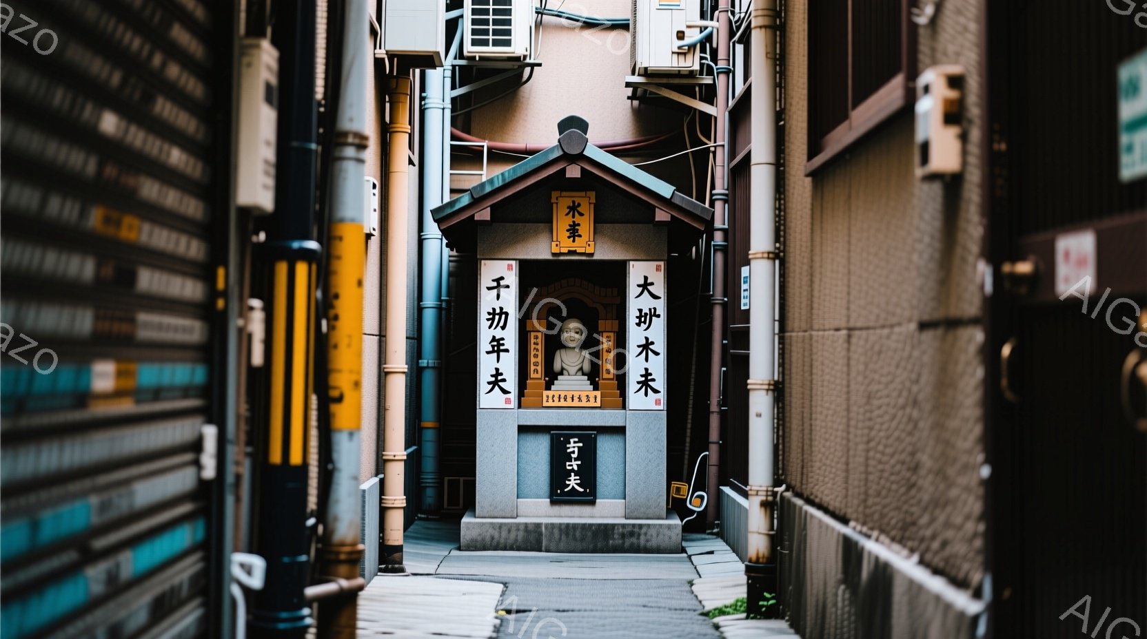 長い間歇がある人、町の中心にある小さな神社、街道に面する伝統的な建物、防水壁、平日の朝方。