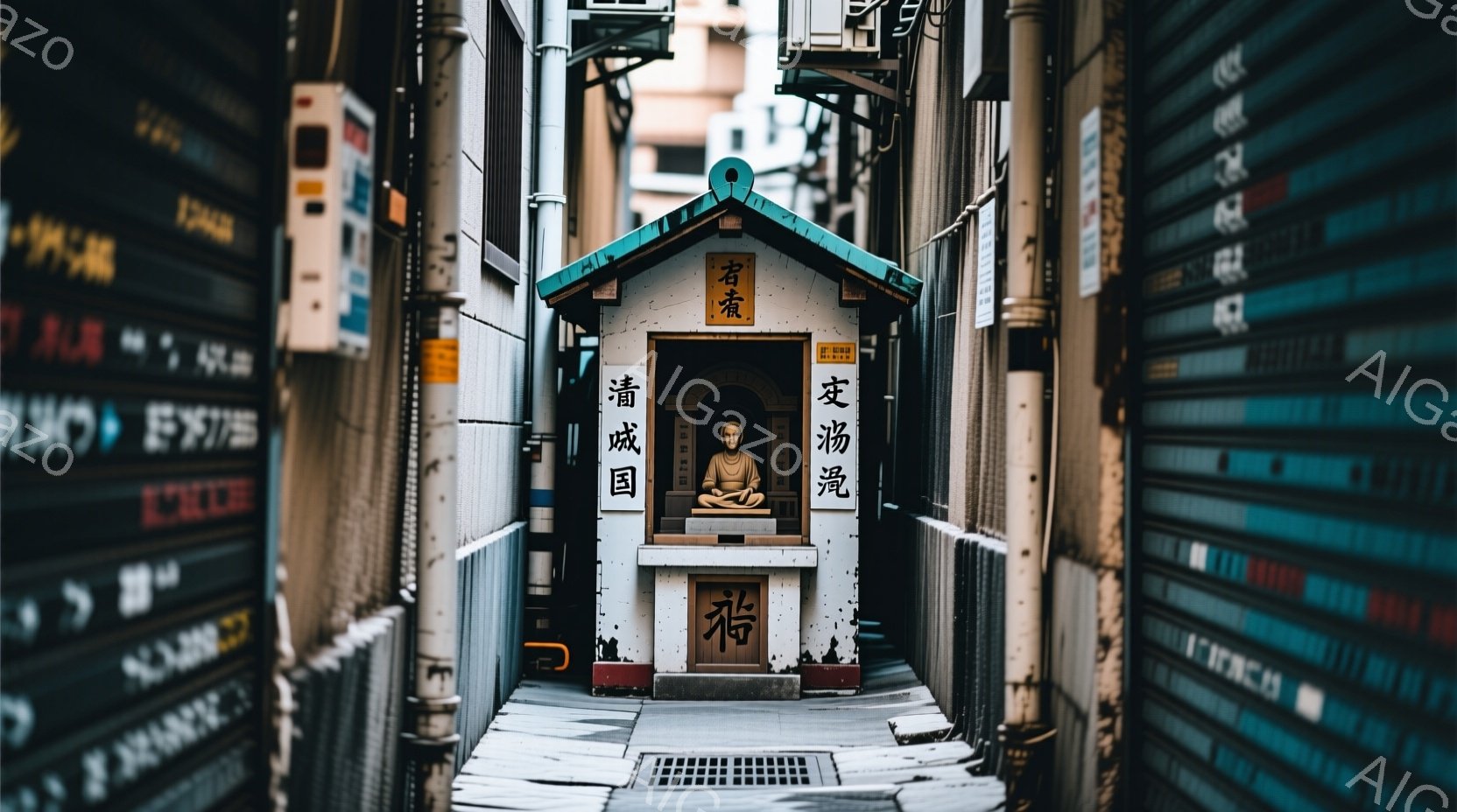 狭い路地の中に、小さな祠が置かれている。祠の中には、座禅を組んだ仏像が安置されており、静寂で神聖な雰囲気を醸し出している。 路地は両側に高い建物が密集しており、壁には看板や広告が貼られ、都会の喧騒の中にひっそりと佇む祠の存在が際立っている。
