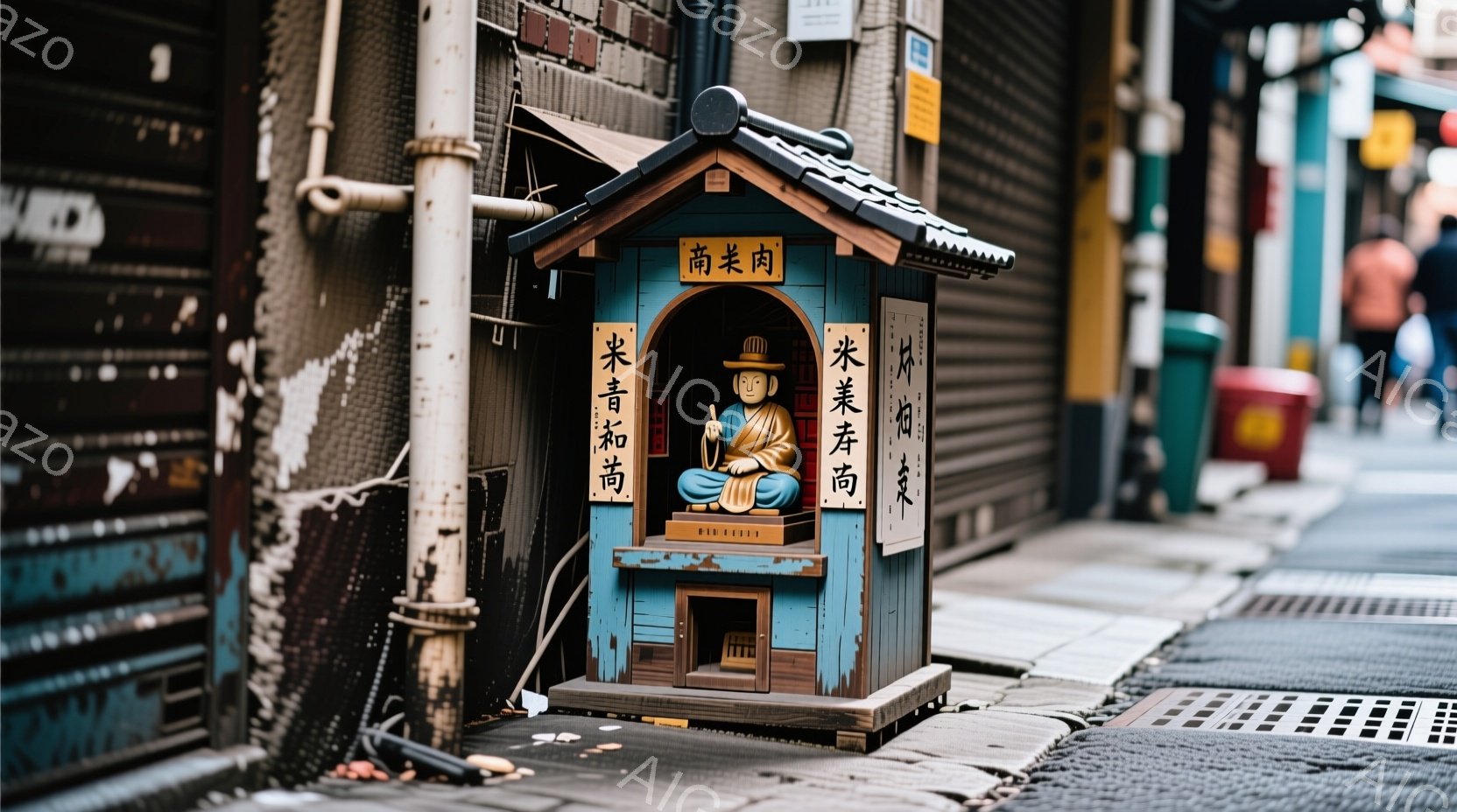 路地裏に設置された小さな仏像の祠が写っている。仏像はオレンジ色のローブをまとっており、静かで穏やかな表情を浮かべている。背景にはコンクリートの壁や排水溝があり、路地の無機質な雰囲気と、祠の存在によるわずかな温かさの対比が印象的だ。