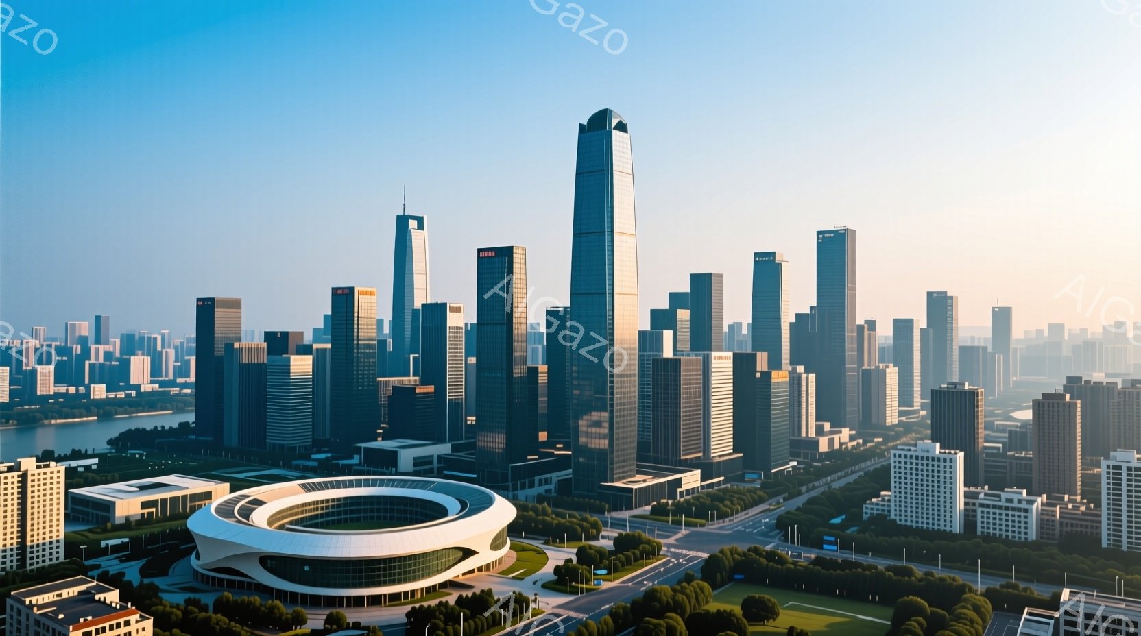 広大な都市景観が広がり、高層ビル群が空を覆っています。中央には、円形のスタジアムのような建物があり、周囲には緑豊かな公園と道路が広がっています。空は晴れ、穏やかな光が都市全体を照らし、現代的で活気のある雰囲気を醸し出しています。