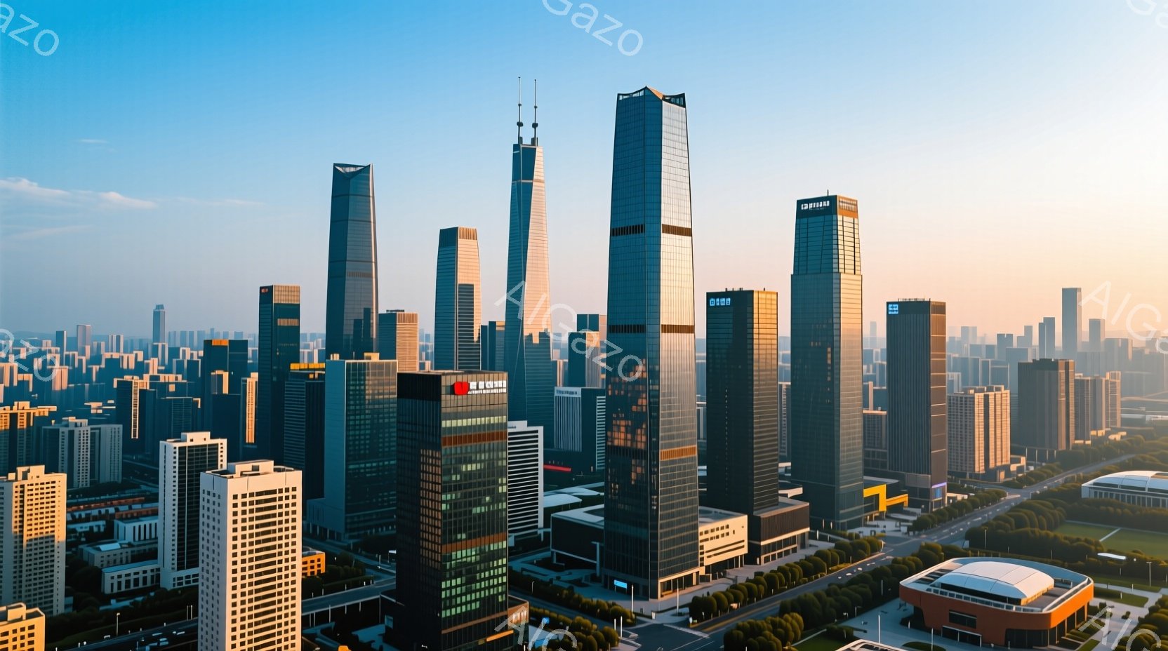 広大な都市景観が広がり、高層ビル群が空に向かってそびえ立っている。朝日の光がビルに反射し、ガラス張りの建物が輝いている。整然と並んだ道路と緑地が都市の近代性と自然の調和を示している。 - AI生成フリー素材