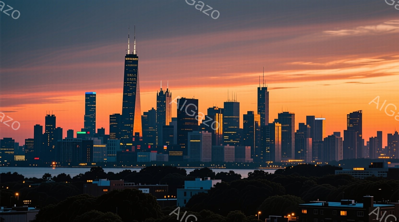 シカゴの夜景が、燃えるような夕焼け空の下に広がっている。高層ビル群はシルエットで描かれ、窓明かりが点々と輝き、都市の活気を感じさせる。手前には緑豊かな木々が見え、遠くには水面が広がり、都市と自然が調和 - AI生成フリー素材