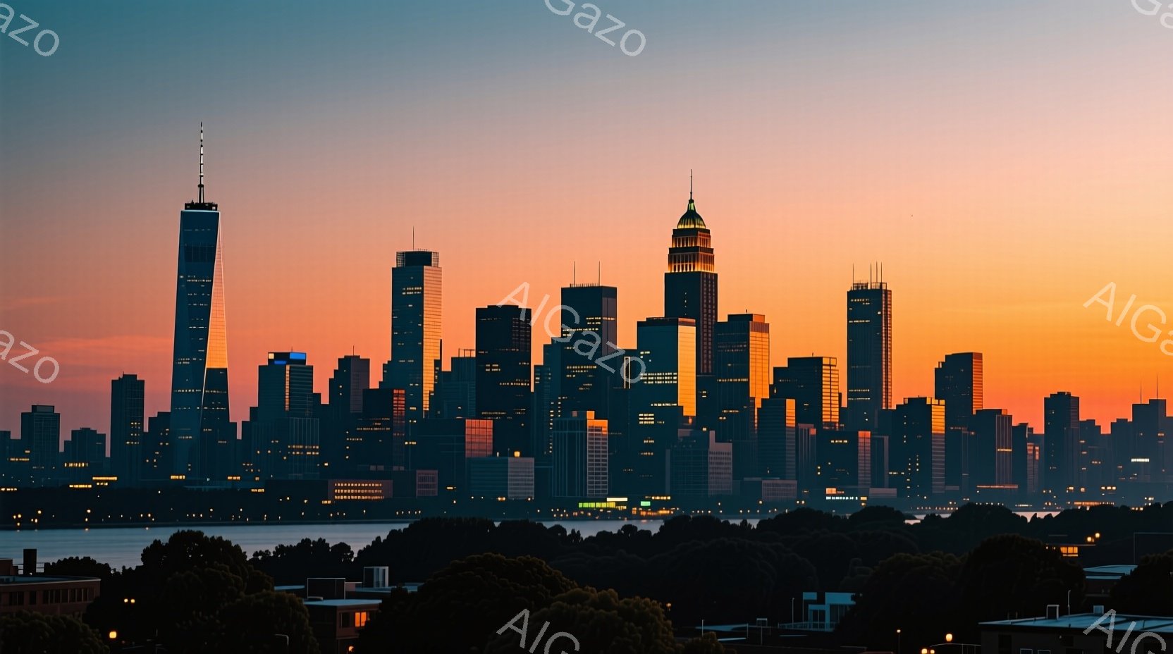 夕焼けに照らされたニューヨークのスカイラインを描いています。高層ビル群がシルエットとなり、その背後に広がる空はオレンジとピンクのグラデーションで彩られています。手前に広がる緑豊かな木々が、都市の風景に - AI生成フリー素材