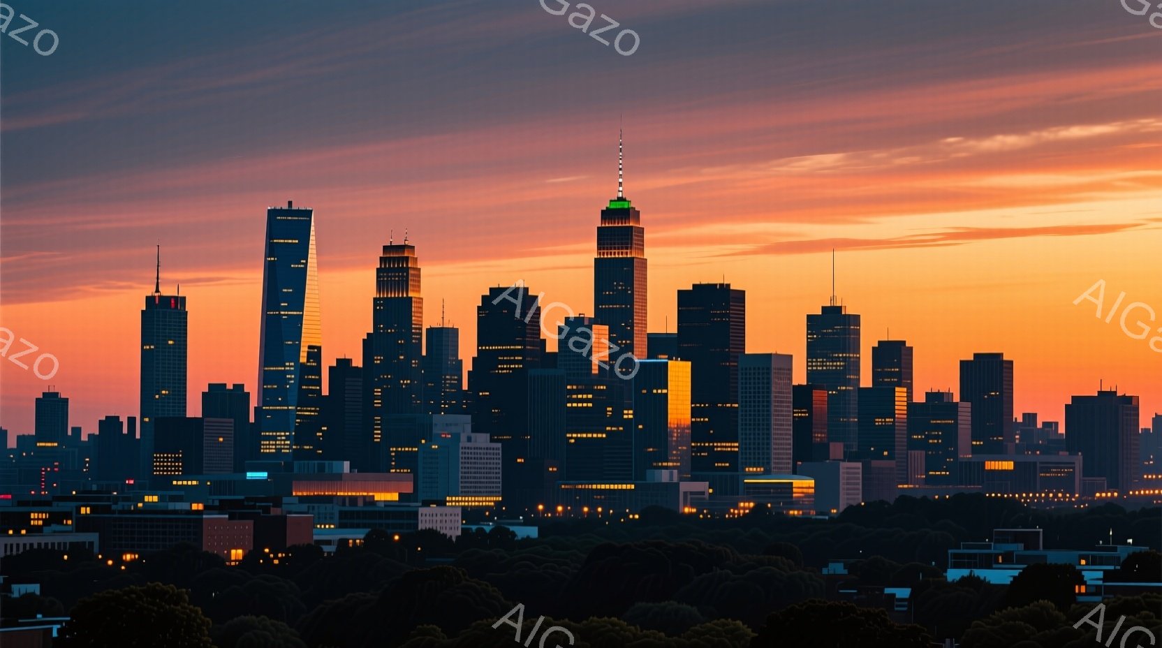 オレンジと赤色の夕焼け空を背景に、高層ビル群がシルエットで浮かび上がっている。ビルの窓には明かりが灯っており、都市の活気を表現している。手前の緑豊かな木々は、都市と自然のコントラストを際立たせ、温かく - AI生成フリー素材