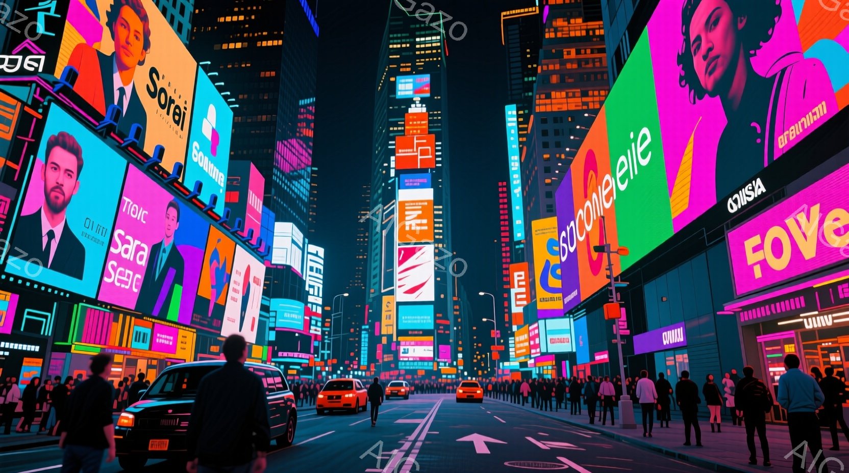 賑やかな夜のニューヨークの街並みで、高層ビルには鮮やかな広告が飾られています。人々は様々な服装で歩いており、黒いジャケットを着た男性が手前に立っています。夜空には雲は見えず、街全体が明るい光に包まれて - AI生成フリー素材