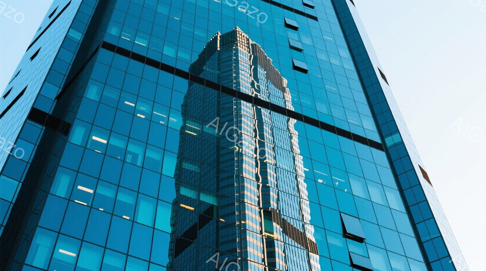 鮮やかな青色のガラス張りの高層ビルが画面を占めている。ビルの表面には、周囲の建物が反射し、まるで別の建物のシルエットが重なっているかのように見える。晴れた空を背景に、モダンで都会的な雰囲気が漂っている。