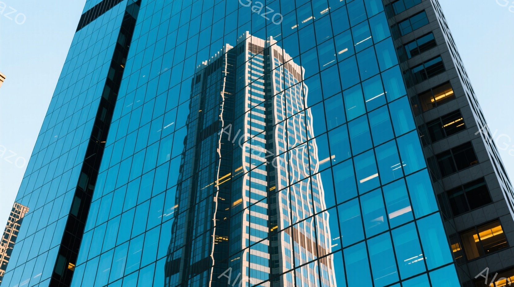 青い空を背景に、ガラス張りの高層ビルが写っている。ビルの窓には、隣のビルの反射が映り込み、まるで二つの建物が重なり合っているかのような錯覚を生み出している。全体的にクールでモダンな雰囲気であり、都会的 - AI生成フリー素材