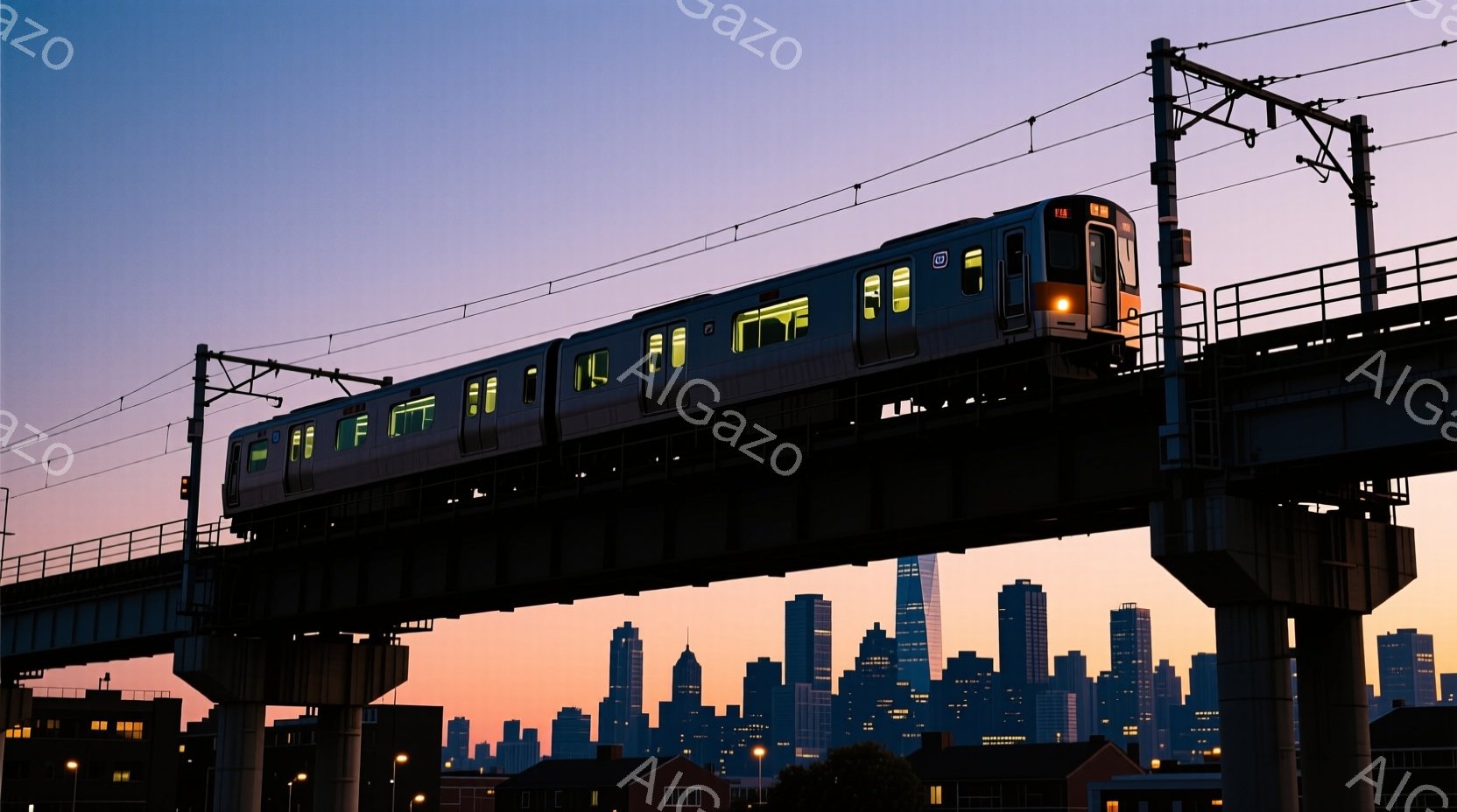 都市の高架橋上を走る地下鉄を描いたものです。高架橋上から見下ろすと、地下鉄が夜間に行進しており、車両前部の照明が点灯されています。背景は美しい日没時の空で、暗い青色が強調されていることから、夕方の雰囲気が感じられます。人物や動作については、画像内容にそのような要素は含まれておらず、詳細な背景の建物や自然も見当たりがないと思われます。