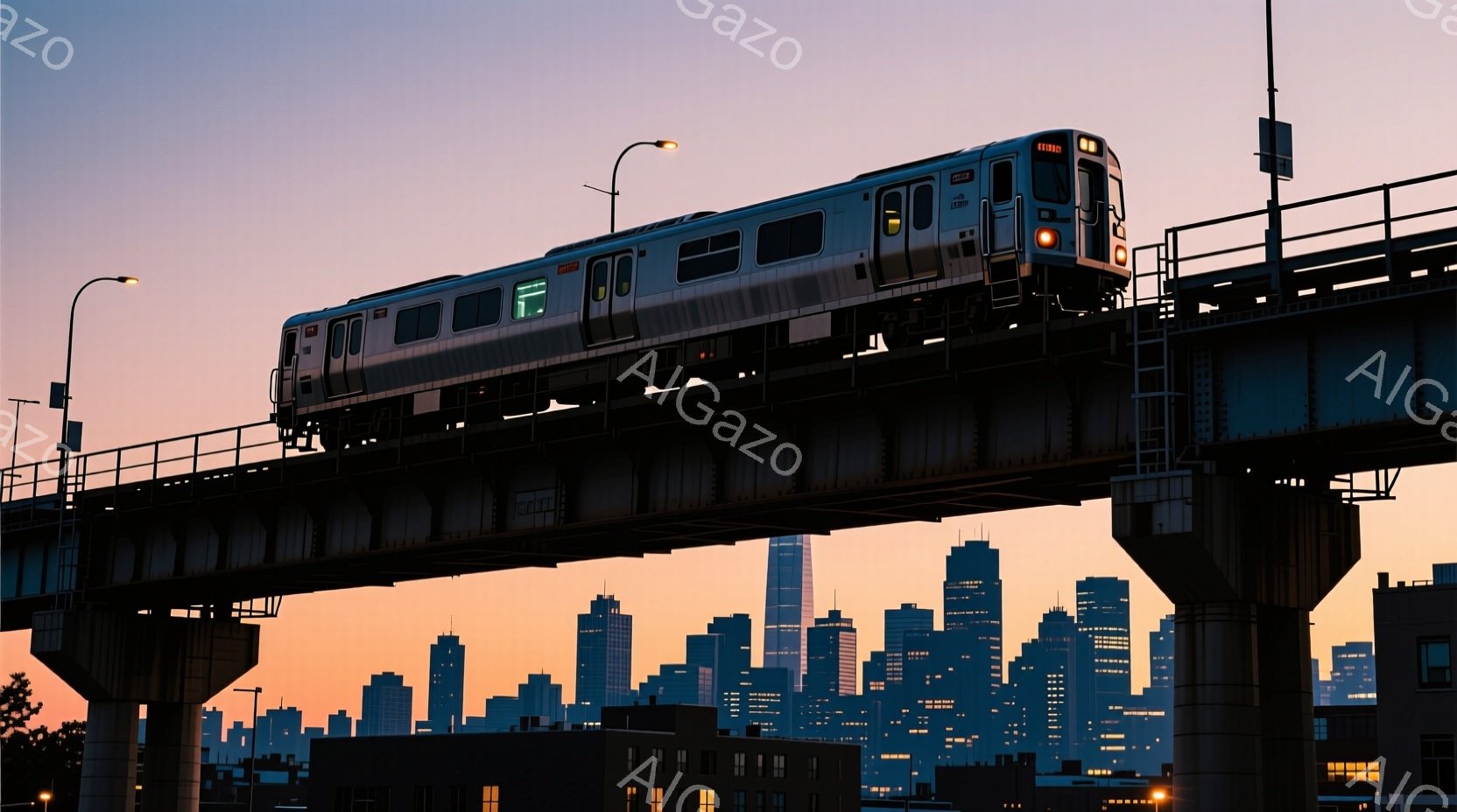 オレンジと紫色の夕焼け空の下、高架線の上をニューヨークの地下鉄が走っている。高層ビル群がシルエットとなり、都市のスカイラインを形成し、遠くに見える建物には明かりが灯っている。この写真は、夕暮れ時の都会の静けさと、列車が都市を繋ぐ様子を捉えている。