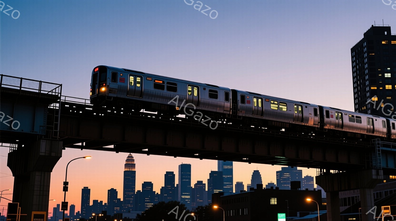 高架線の上を電車が走っており、背景には夕焼けに照らされた摩天楼が広がっている。建物の明かりが点灯し始め、オレンジと紫が混ざり合った空が印象的だ。全体的に、都会の夕暮れと電車の運行が織りなす静かで美しい雰囲気が漂っている。