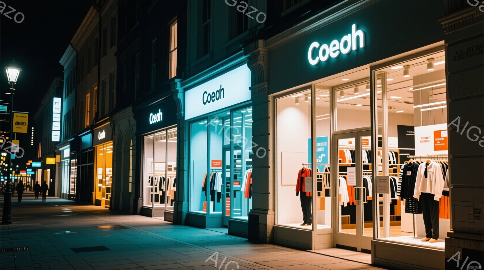 夜の街並みに、明るい青色のショーウィンドウが並ぶ衣料品店が映っている。ウィンドウには、様々な色の服が整然と並べられており、店内は暖かく照らされている。歩道は濡れており、遠くには人影が見え、静かで落ち着いた夜の雰囲気が漂っている。