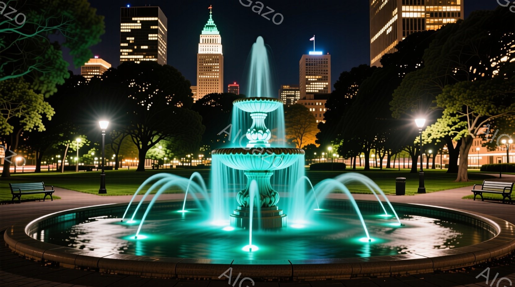 夜の公園に青くライトアップされた噴水が輝いている。噴水の水は空に向かって勢いよく噴き出し、周囲の緑豊かな木々とモダンな高層ビル群とのコントラストが美しい。穏やかな夜の雰囲気と、水と光の組み合わせが、静 - AI生成フリー素材