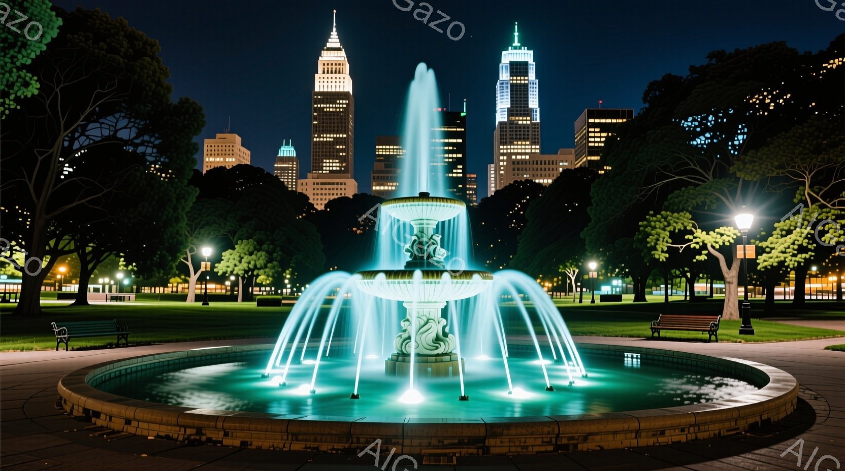 夜間に撮影されたこの画像には、水が輝く噴水が中央に配置され、周囲には緑豊かな公園が広がっています。背景には、ライトアップされた高層ビル群がそびえ立ち、都市の夜景を形成しています。噴水からの水柱と周囲の木々のシルエットが、静かで幻想的な雰囲気を醸し出しています。