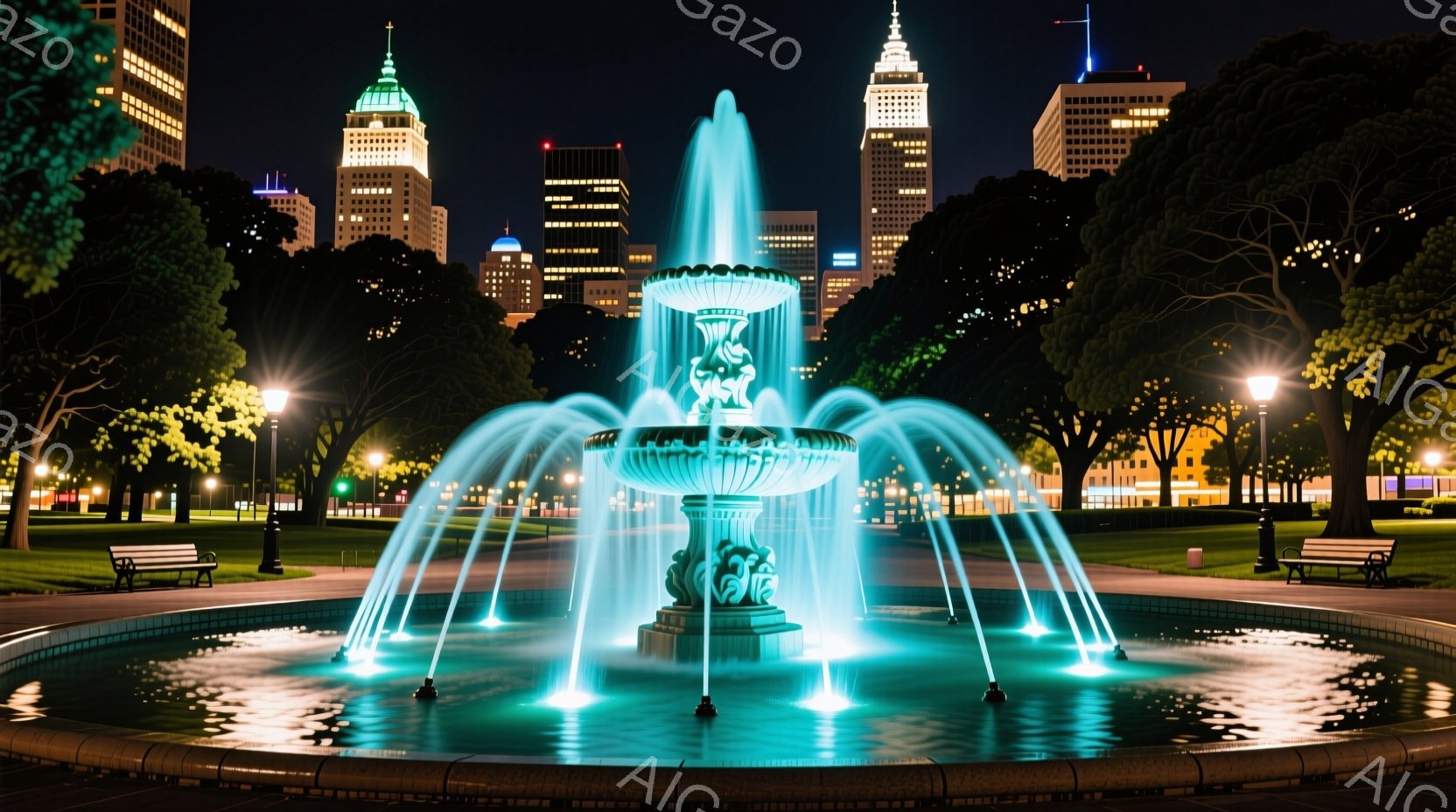 夜景で都市のランドマークが見えるところから撮影されたものと思われます。中央に照らされた噴水があり、その周囲には人がいません。背景には高いビルが聳え立つことが分かるでしょう。雰囲気は安らぐも清潔感のある都市の夜景を感じさせます。