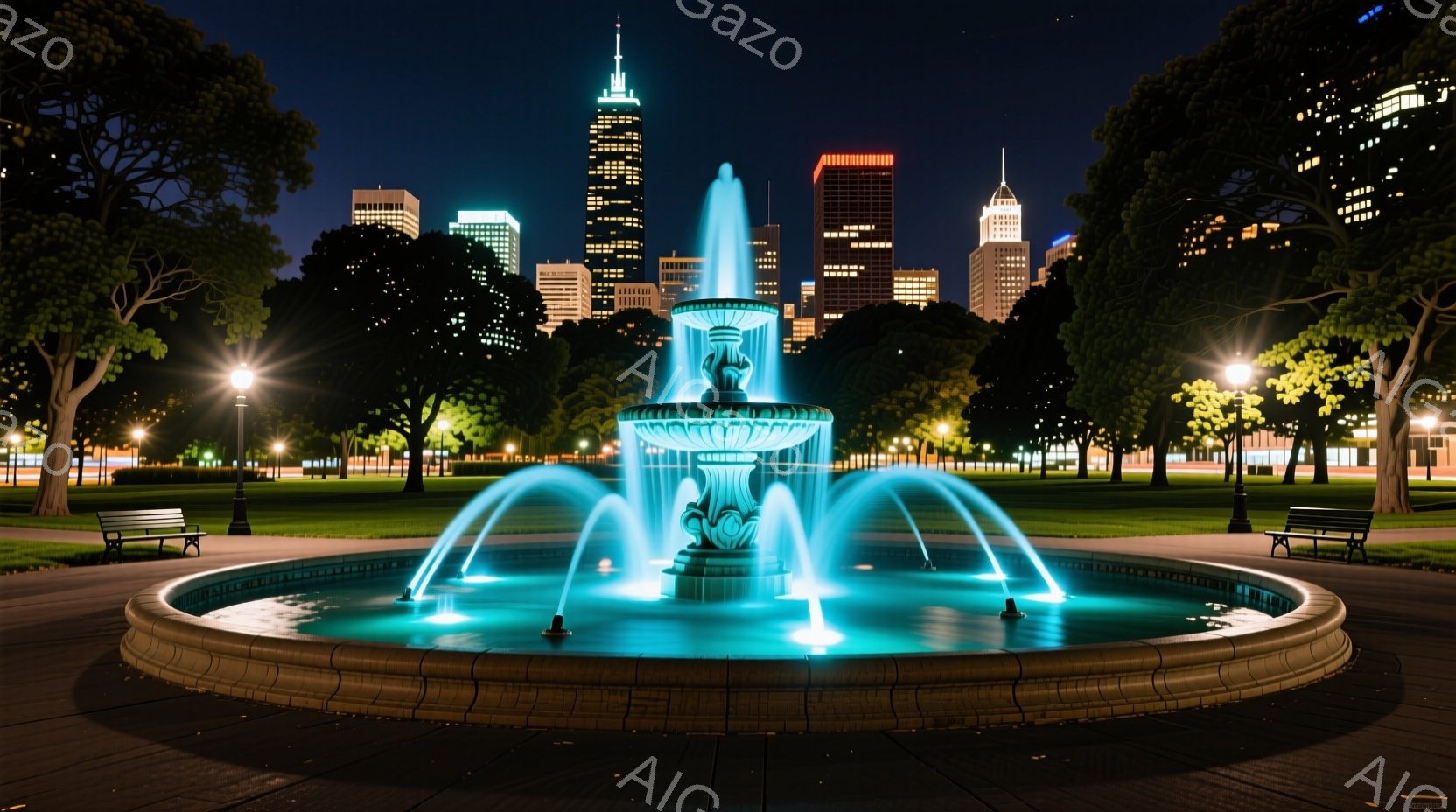 夜景を背景に、壮麗な噴水が青い光を放ちながら中央に配置されている。周りには緑豊かな木々が生い茂り、ベンチがいくつか設置され、都会のオアシスのような静謐な雰囲気を醸し出している。遠景には高層ビル群が立ち - AI生成フリー素材