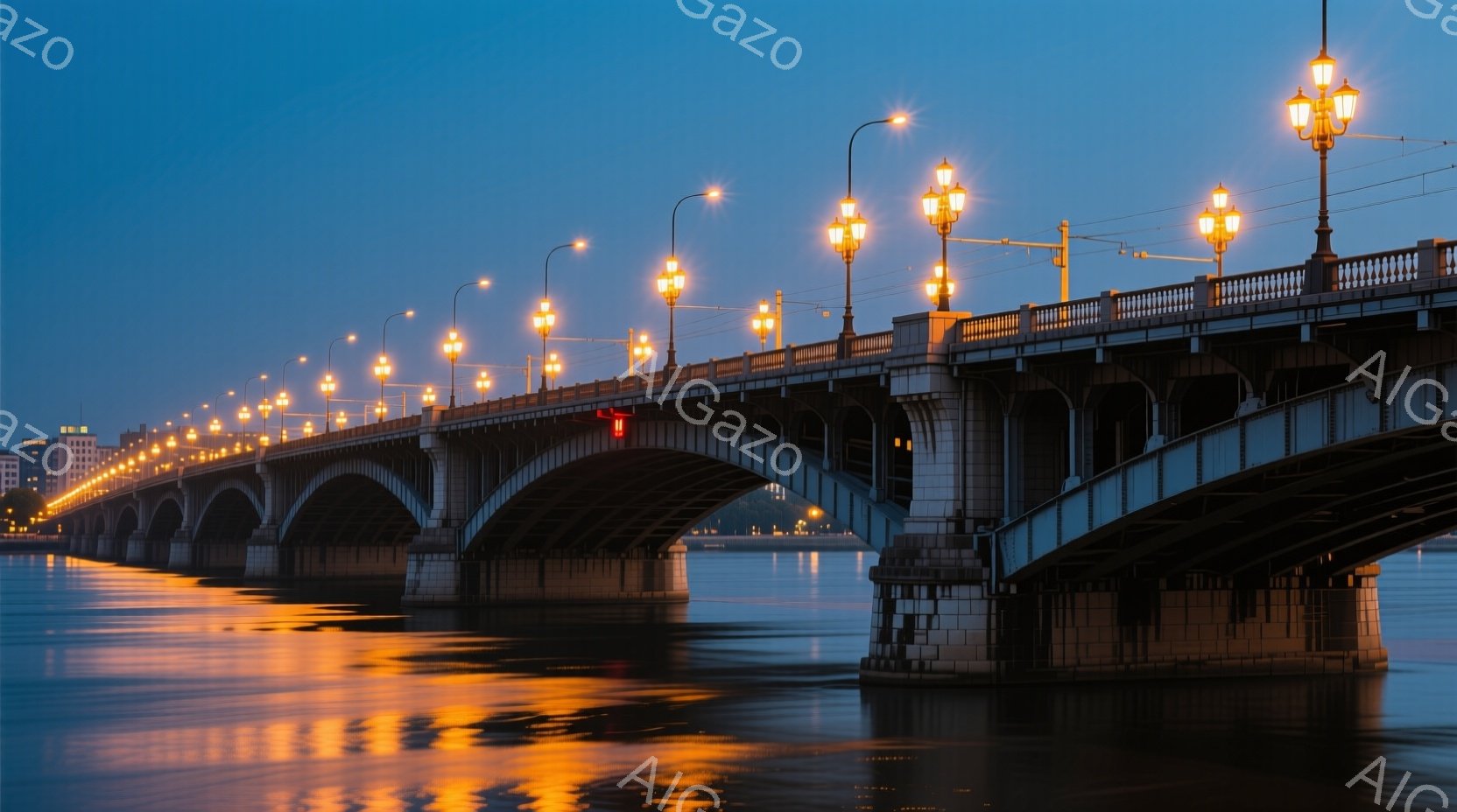 灰色の石造りのアーチ橋が、穏やかな水面にその姿を映し出している。橋にはレトロなデザインの街灯が並び、暖かく黄色い光を放ち、水面にもその光が反射して美しい光景を作り出している。遠景には、夜景の灯りがわず - AI生成フリー素材
