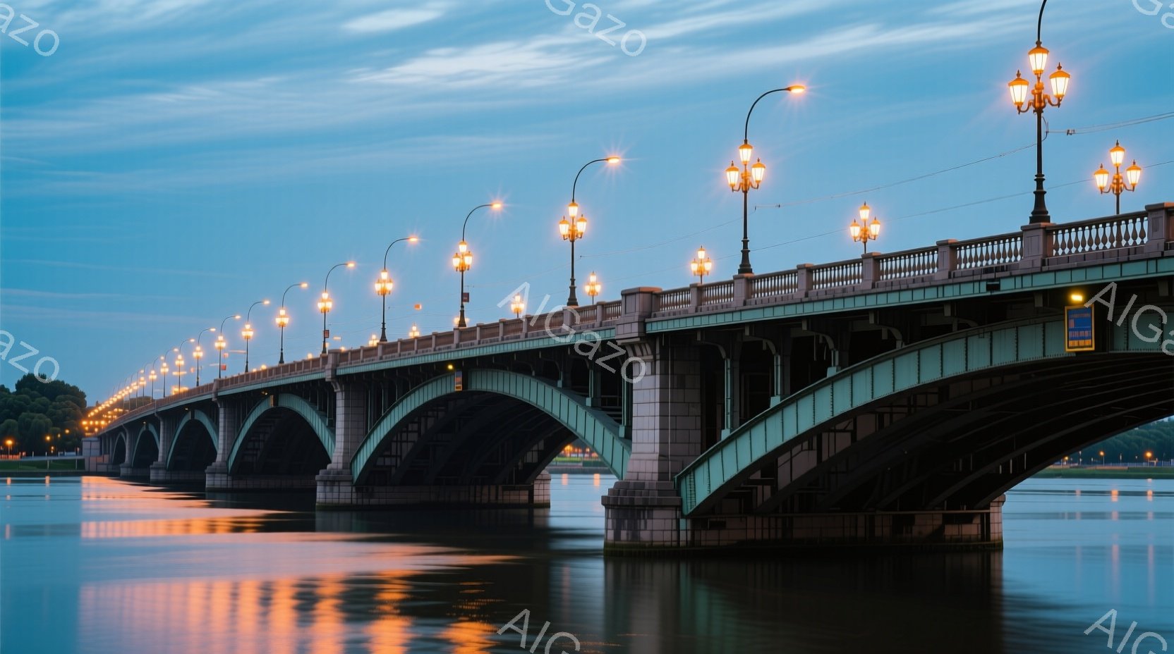 穏やかな水面に映るアーチ型の橋が印象的な風景です。橋の上にはレトロなデザインの街灯が並び、夕暮れ時の空と水面に暖かな光を反射しています。背景には緑豊かな自然が広がり、静かで平和な雰囲気を醸し出していま - AI生成フリー素材