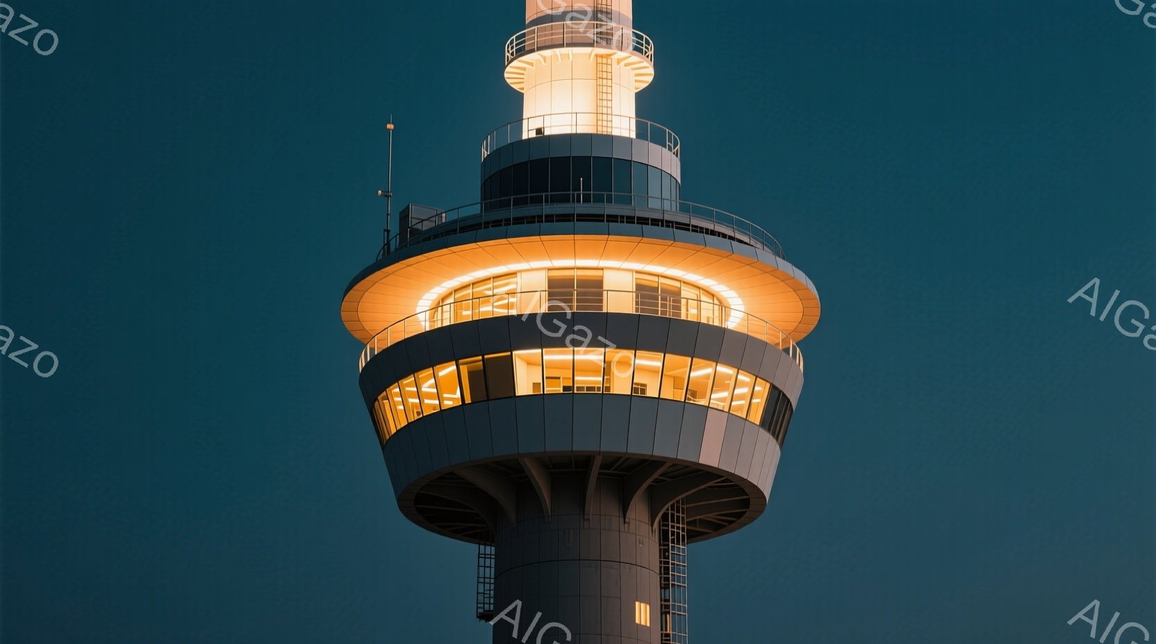 夜の青い空を背景に、高層の塔の一部を捉えています。塔は円形で複数の階層からなり、各階は明るいオレンジ色の光で照らされています。全体的に、現代的で未来的な雰囲気を醸し出しており、静かで落ち着いた印象を与えます。