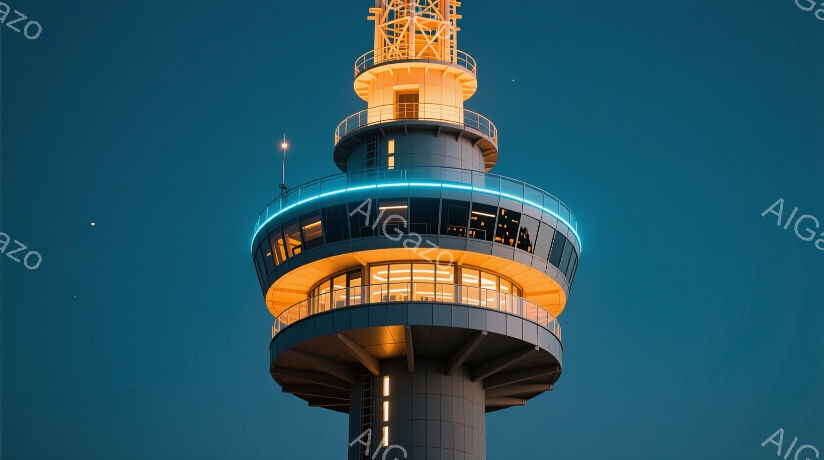 夜空を背景に、円筒形の塔が光を放っている。塔の中央部分には、明るいオレンジ色の光が差し込む窓があり、その周りを水色の光のラインが囲んでいる。背景は深い青色で、星がいくつか見え、静かで幻想的な雰囲気を醸 - AI生成フリー素材