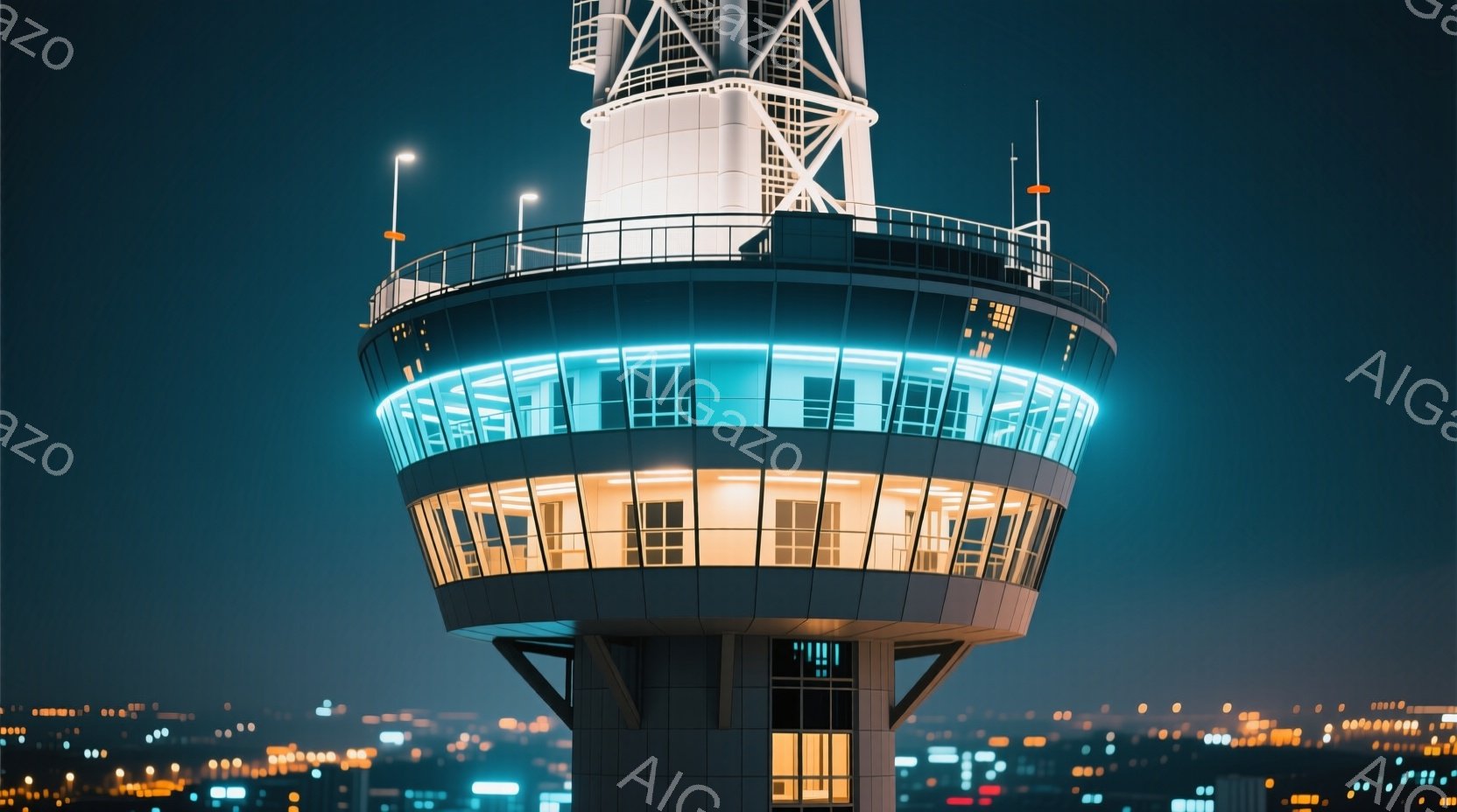 夜空を背景に、空港管制塔が輝く様子が捉えられています。管制塔は明るいオレンジと青色の光で照らされ、近代的なデザインが際立っています。遠景には都市の明かりが広がり、夜の静けさと管制塔の存在感が強調されています。